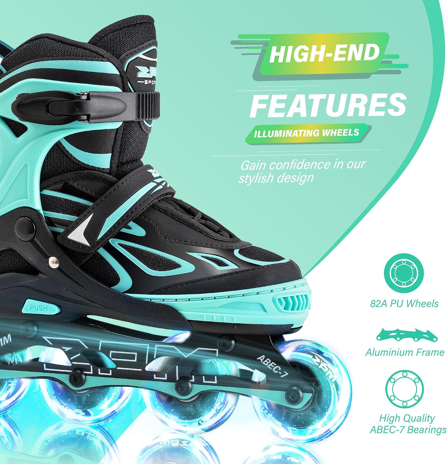 Detalle 2 de 2PM SPORTS Adjustable Inline Skates for Kids, Mint, Light-Up Wheels