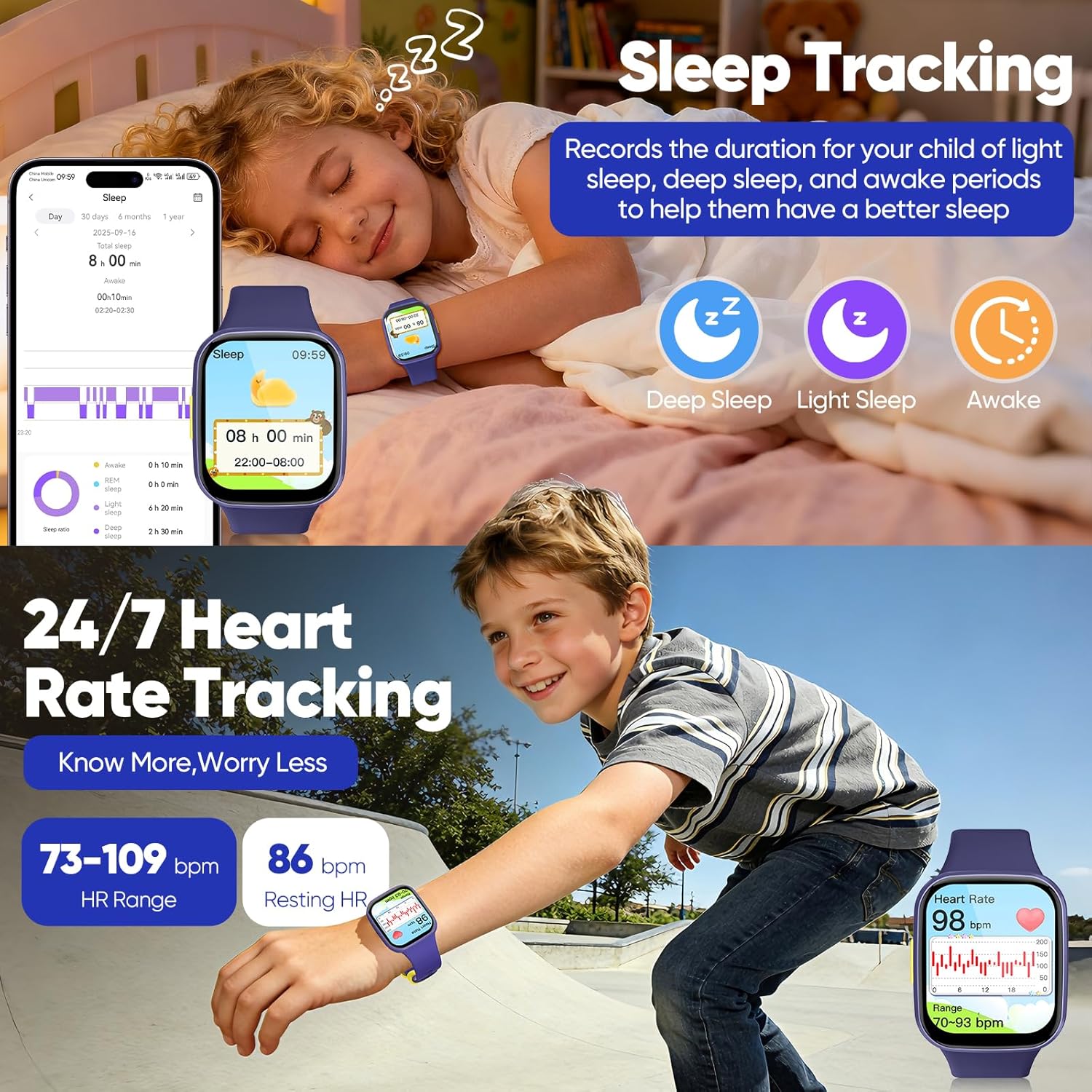 Thumbnail 4 de HTTWCOD Kids Smart Watch for Boys & Girls (Blue) – HD touchscreen fitness tracker with heart rate, sleep monitoring & IP68 waterproof