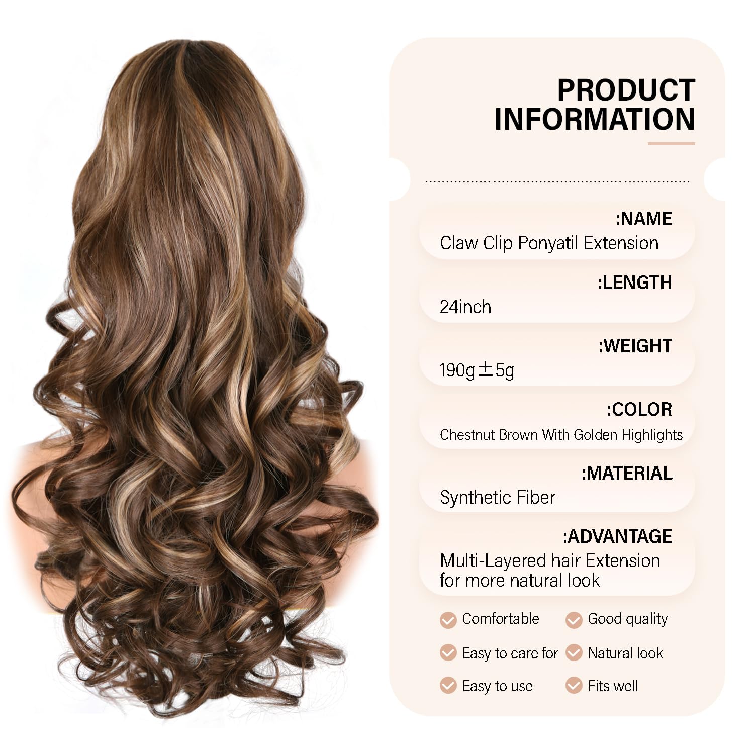 Detalle de 24 Inch Clip-On Ponytail Extension for Women in Chestnut Brown With Golden Highlights