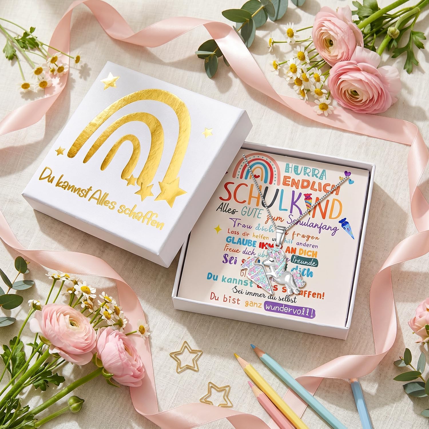 Detalle de iZoeL Einschulung Geschenk Mädchen Einhorn Halskette – Grußkarte, Geschenkbox & Schulanfang