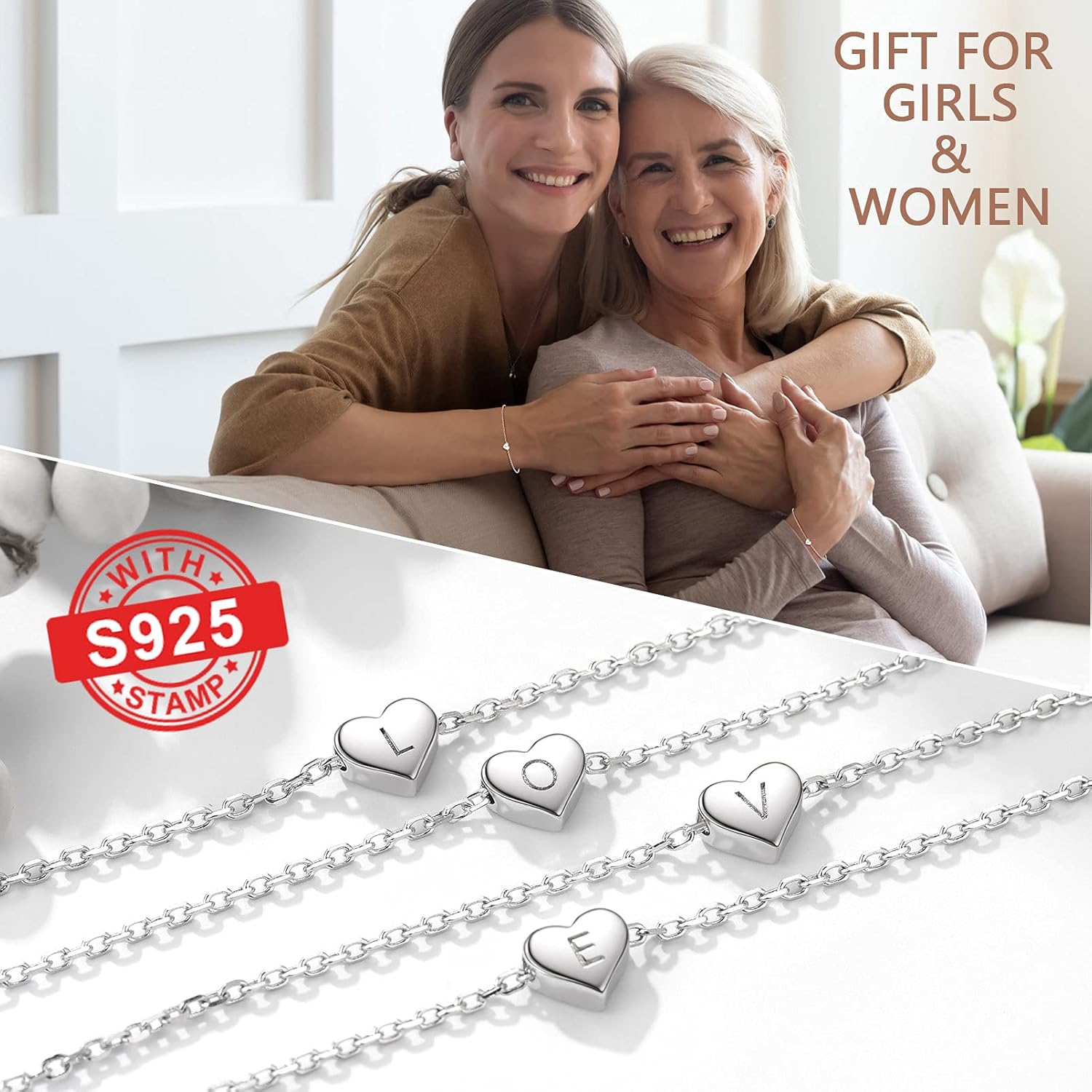 Detalle de PROSILVER Women Sterling Silver Heart Initial Bracelet with S925 Stamp – Adjustable A to Z Alphabet Jewellery