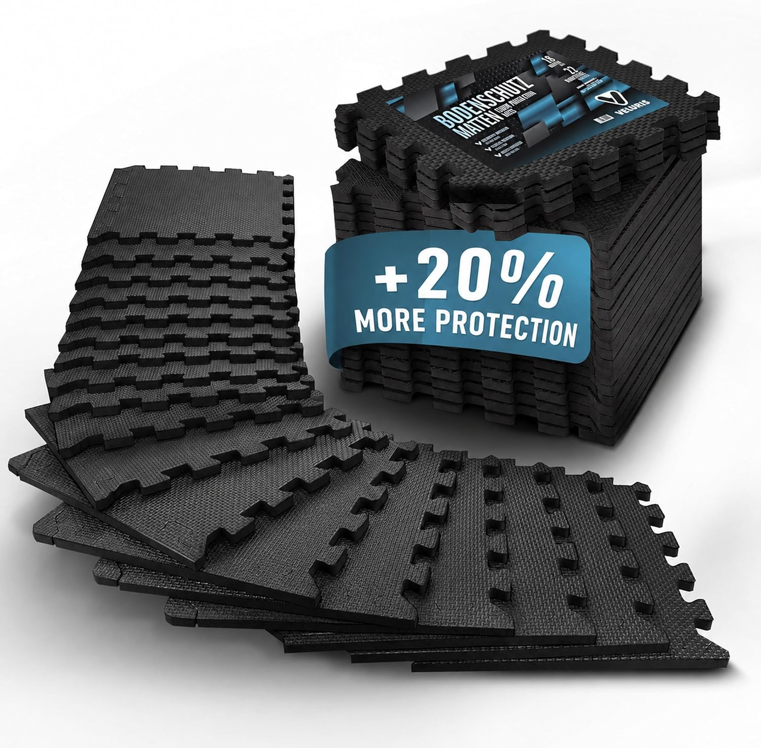 Detalle de Veluris Floor Protection Mat, 18 Black Rubber Tiles, 31 x 31 cm