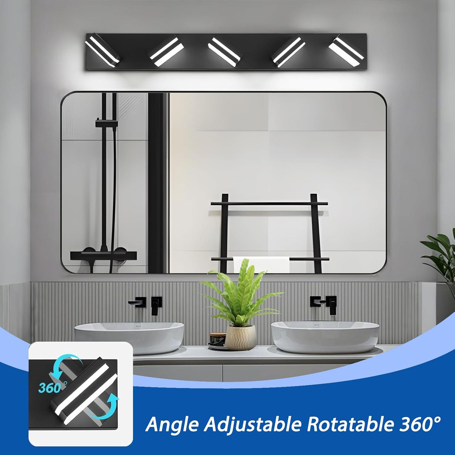 Detalle 2 de IZORRO LED Modern Bathroom Lights Fixtures (5-Light, Dimmable, 360° Rotate) — Matte Black Vanity Lights for Over Mirror (30In, 6000K, No Assembly Required)