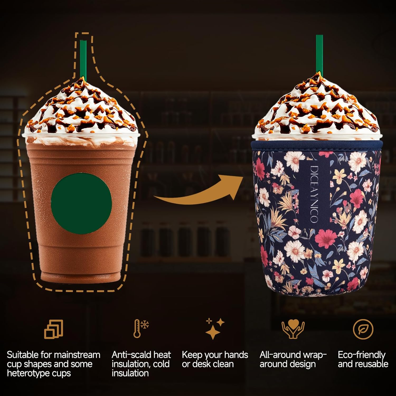 Thumbnail 3 de Diceaynico Becherhülle im 3er-Set (S/M/L) für 16–32 oz, wiederverwendbare Becherkühler mit Neopren – Dunkles Blumenmuster