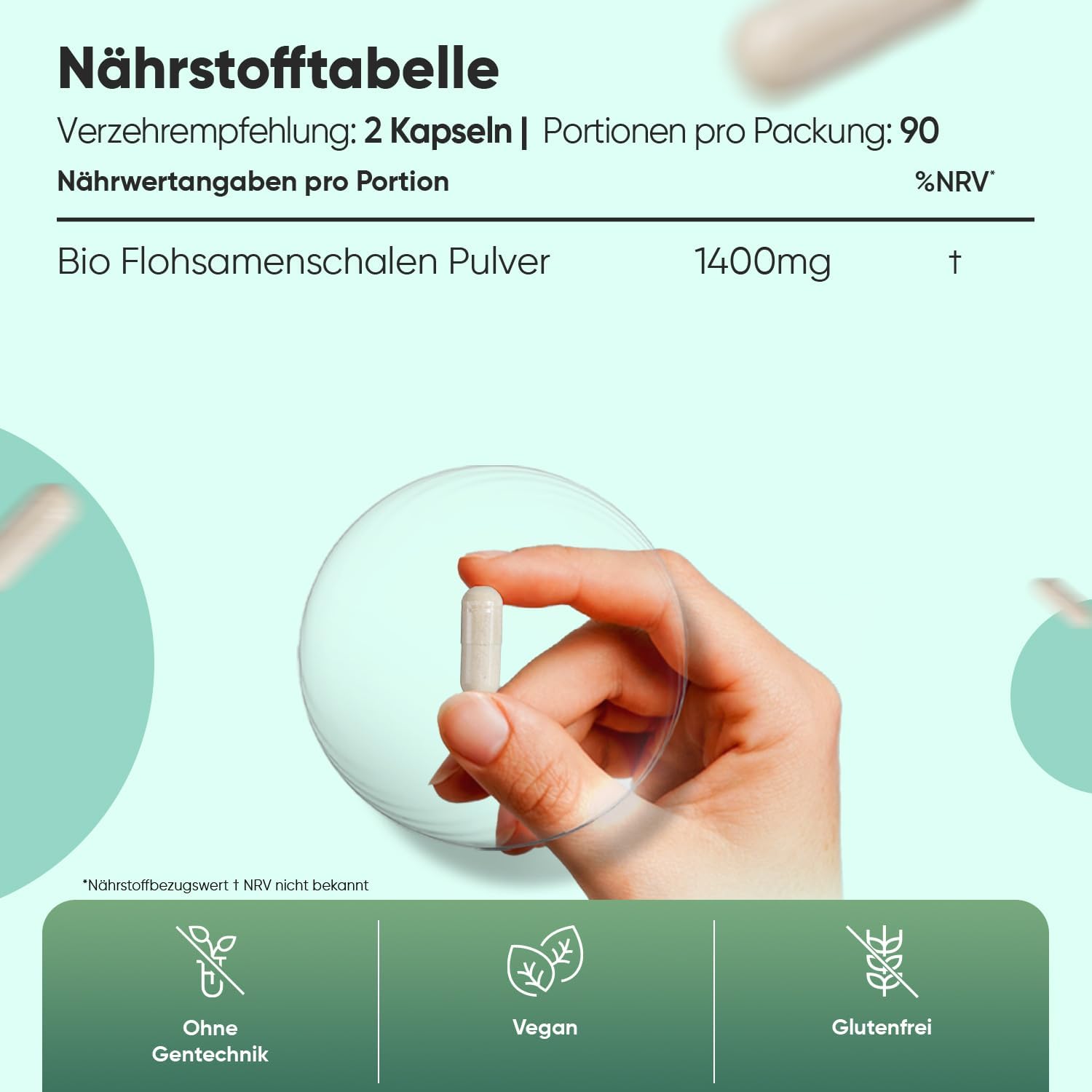 Thumbnail 2 de Bio Flohsamenschalen Kapseln 1400 mg pro Portion (Psyllium Husk) – 180 vegane Kapseln, 3 Monate Vorrat