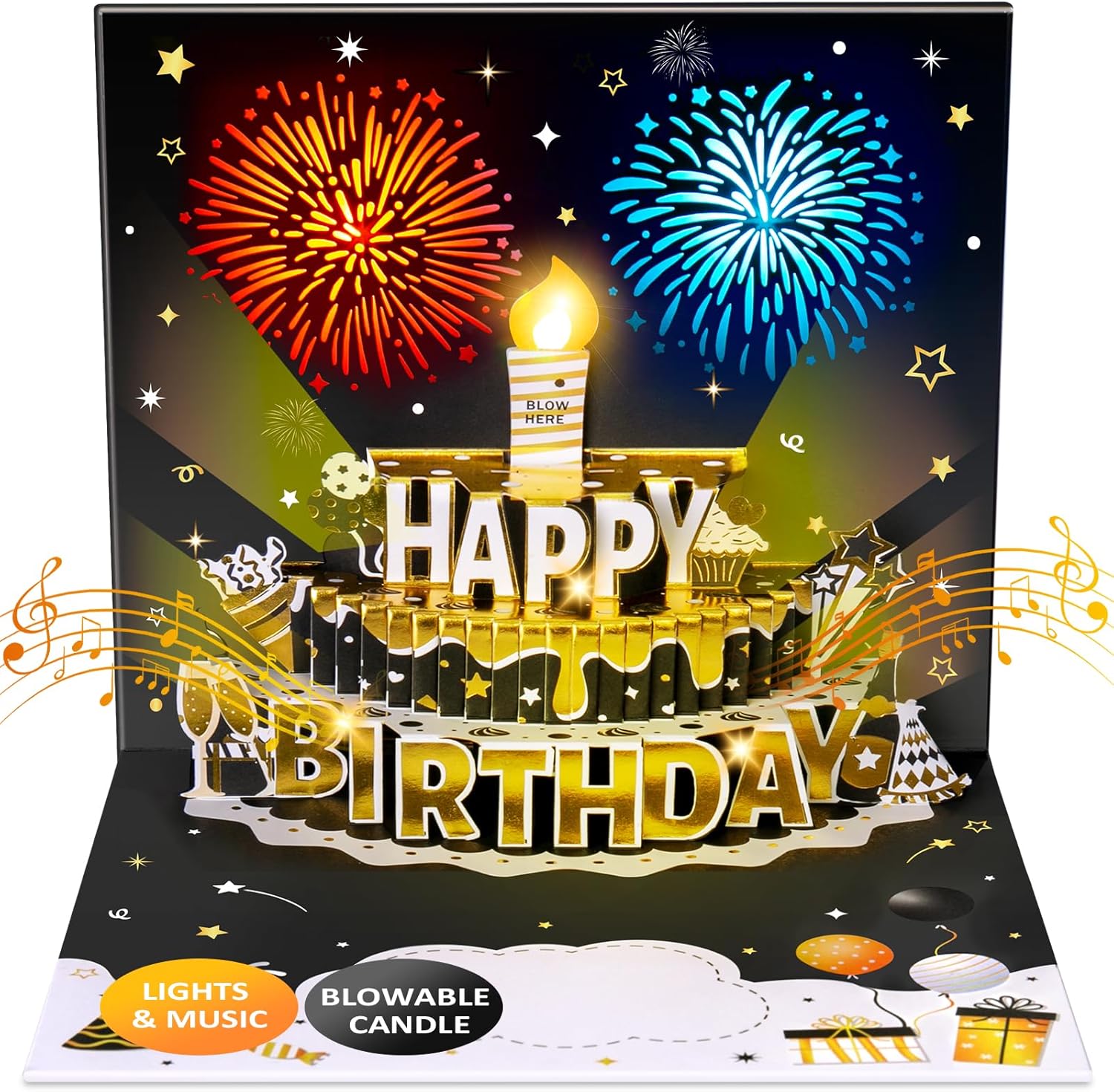 Detalle de Birthday Cards Pop-up MUSIC & LIGHTS & Blowable Candle (Black & Gold) – Pop-up birthday greeting with DIY numbers