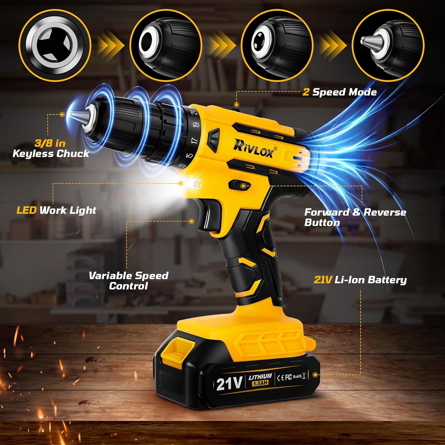 Thumbnail 2 de Rivlox Cordless Drill Set 21V – 21+1 Torque Combi Drill with 1.5Ah Battery and UK Charger