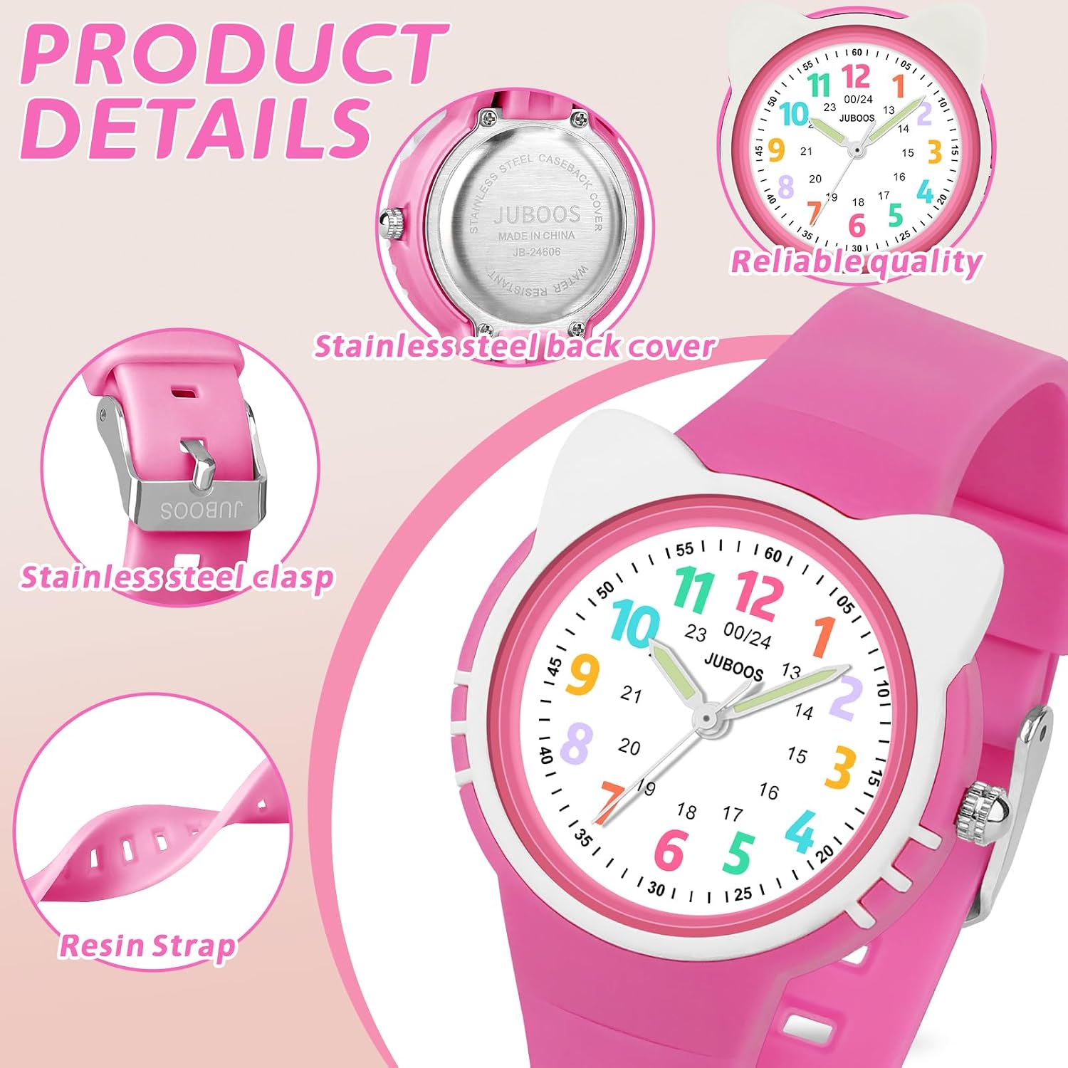 Detalle de Juboos Reloj Analógico para Niños 4–12 años – Aprender la Hora con diseño Rosa Magenta