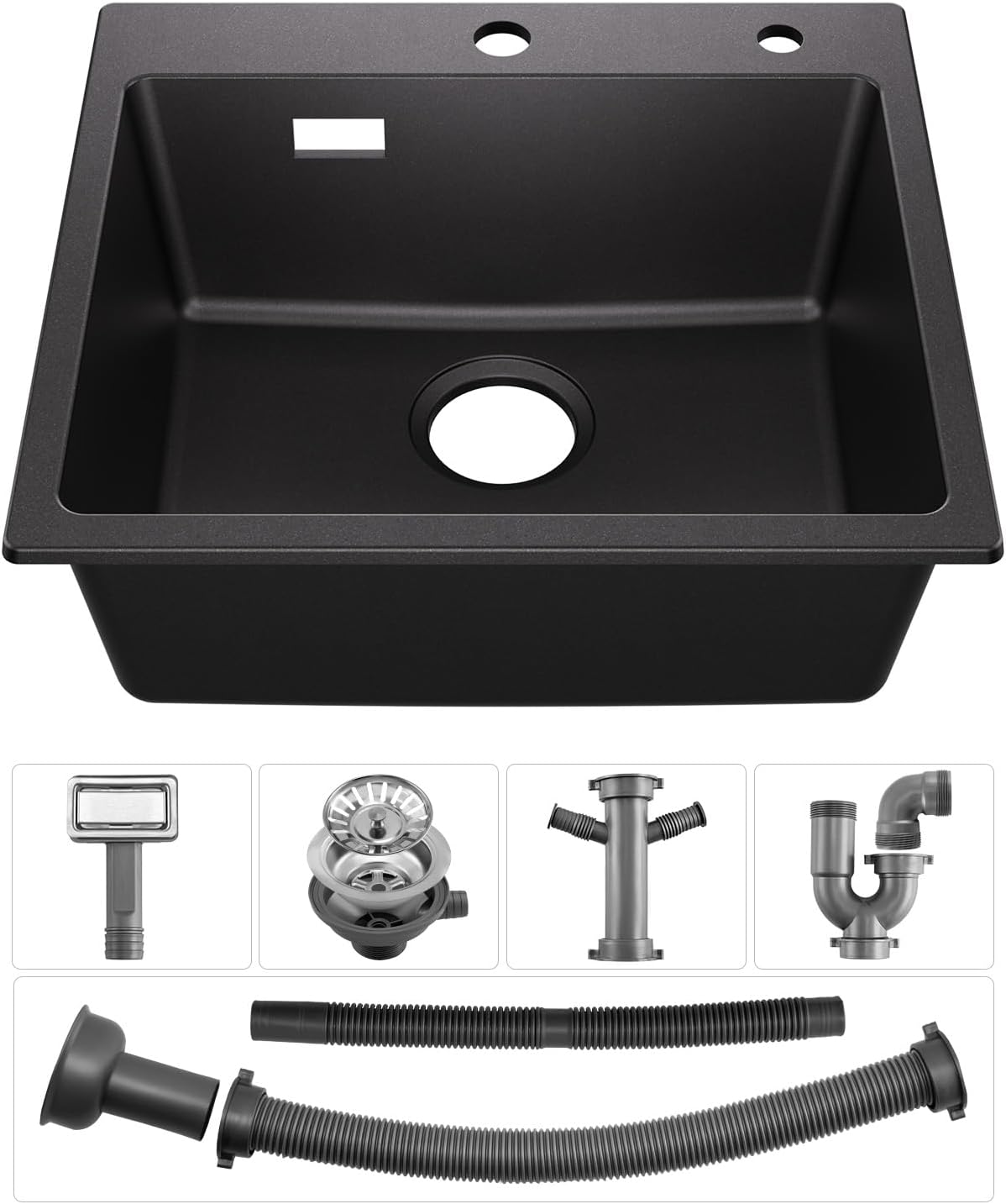 Thumbnail 6 de Sofetiy Küchenspüle Schwarz Granit 50x45cm – Spüle mit 2 Hahnlöchern, 1 Becken