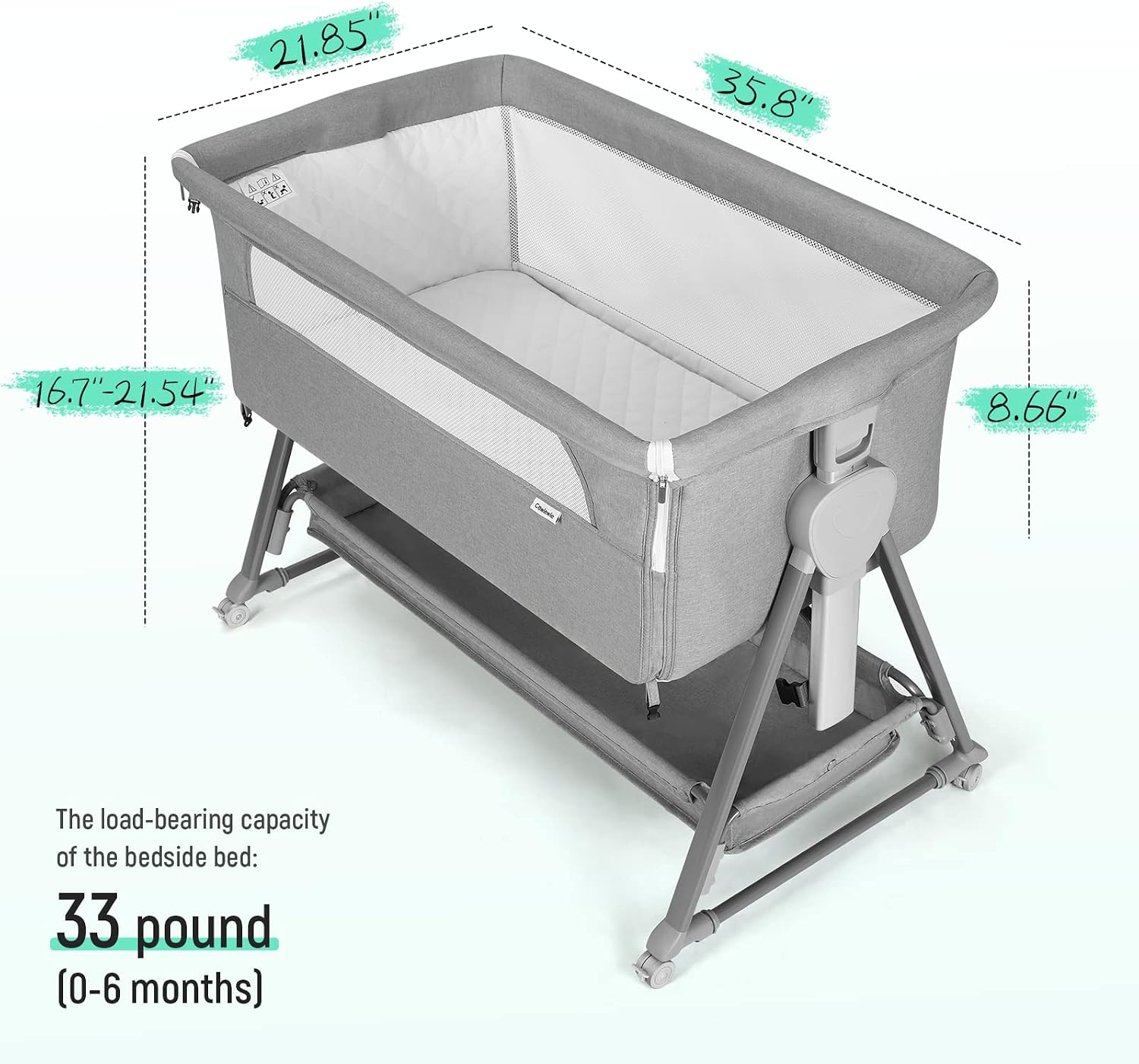 Detalle de Cowiewie P-800L Bedside Bassinet with 7 Height Settings, Mesh Sides and Storage