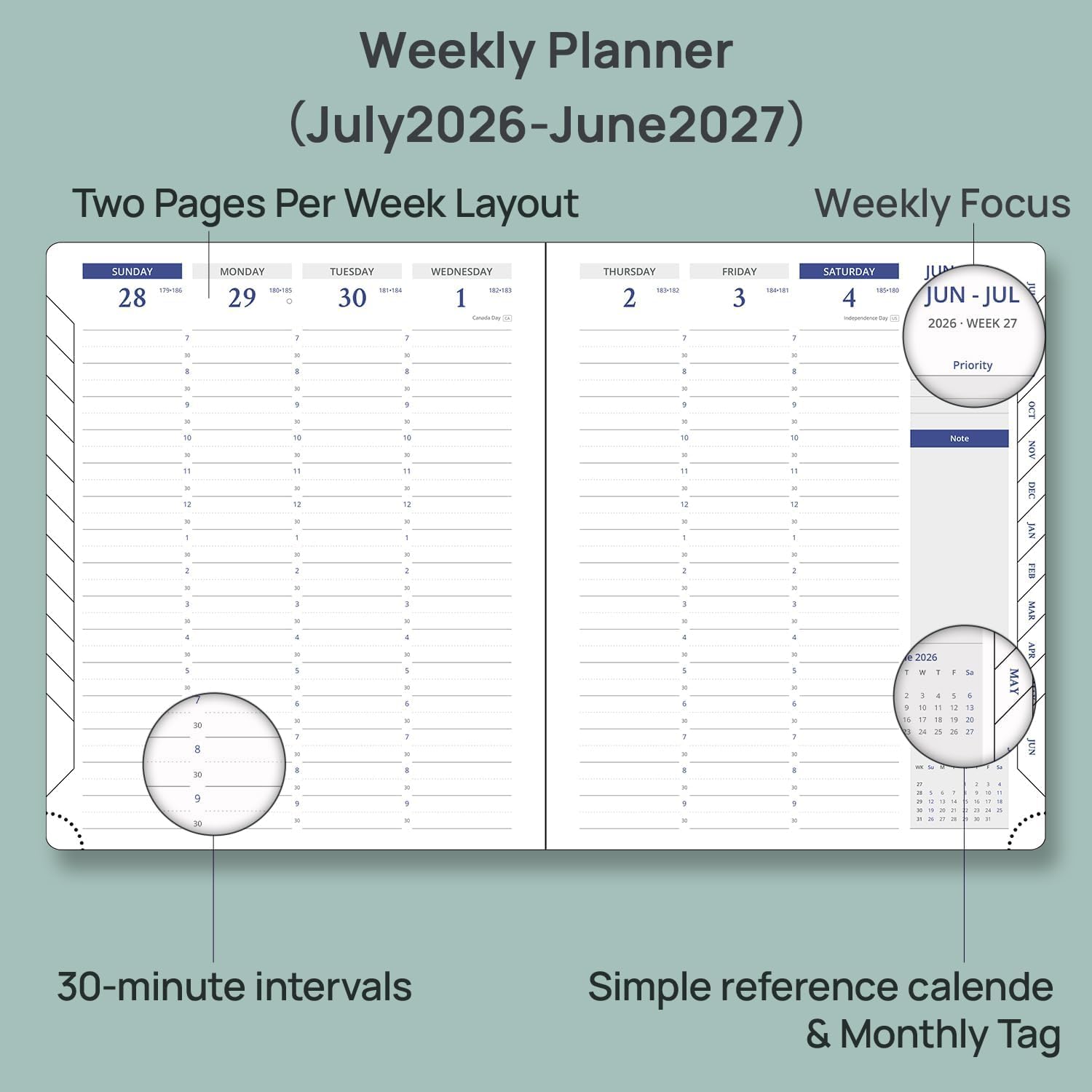 Detalle de POPRUN Weekly Planner 2026-2027, 7" x 8.5" with 30-Minute Time Slots