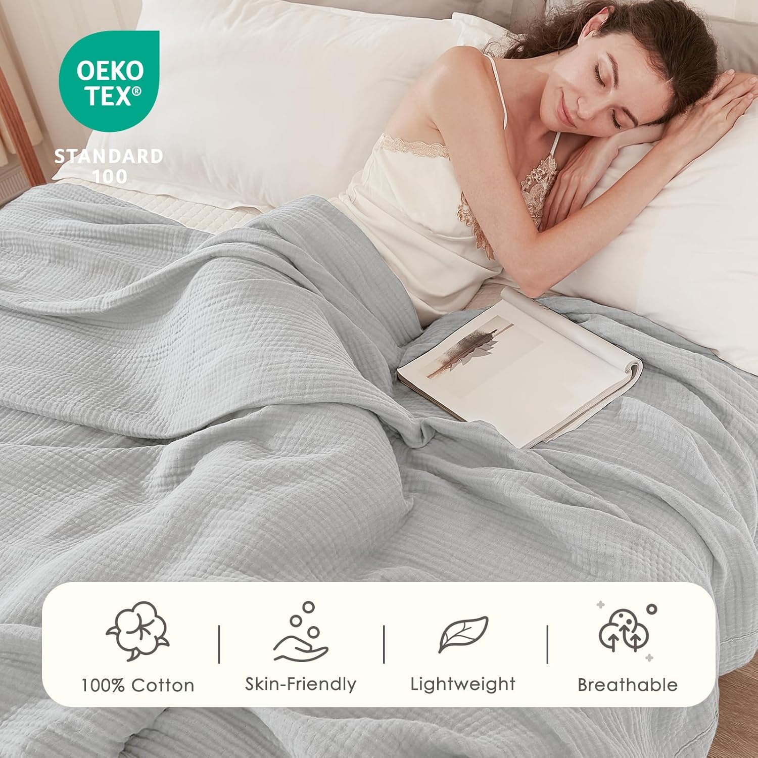 Thumbnail 3 de EMME Muslin Blankets for Adults: Light Grey Twin XL 66" x 90" Breathable Gauze Throw Blanket