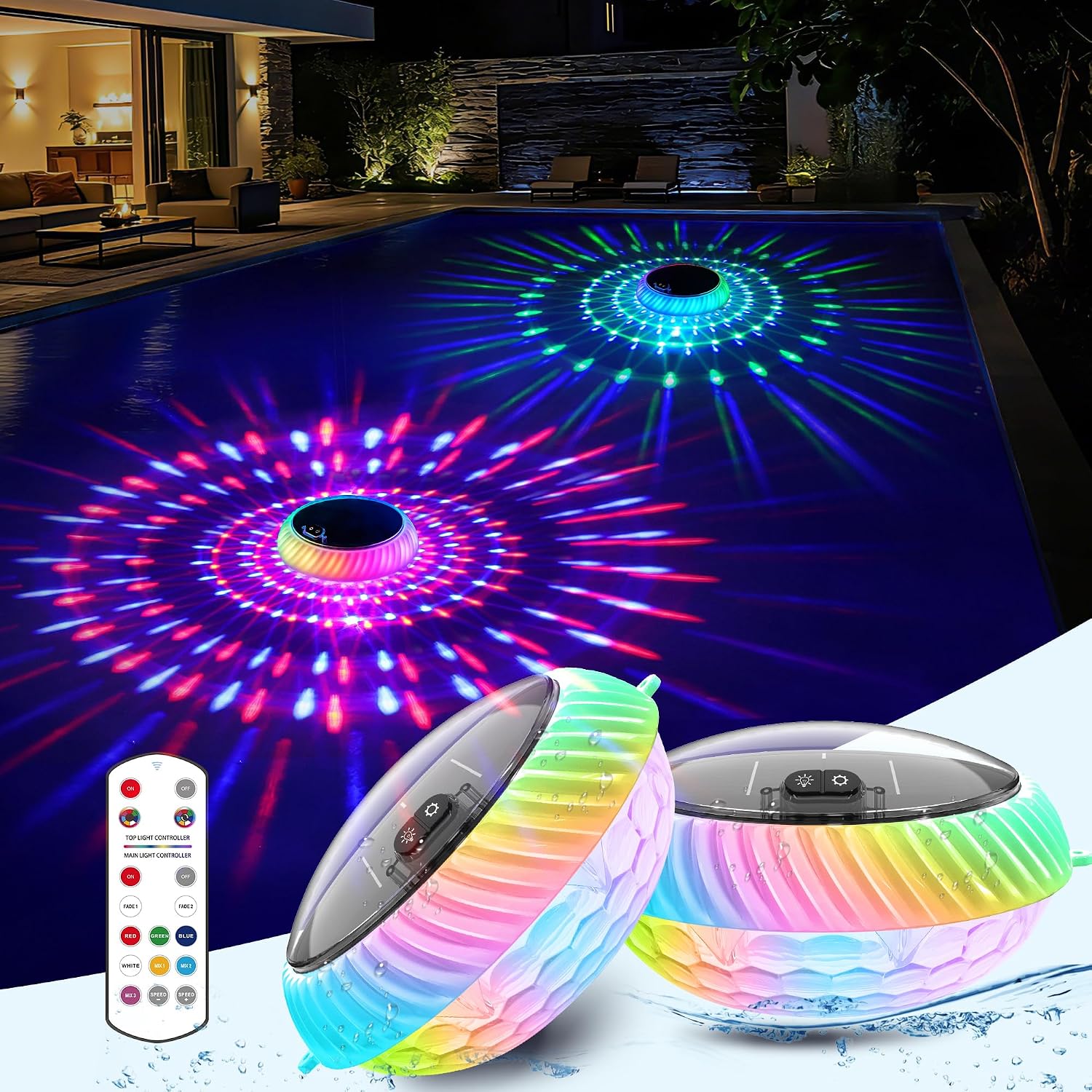 Detalle de AearKing Poolbeleuchtung Schwimmende RGB Solar – 2er Set, IP68 Unterwasser-Lichter