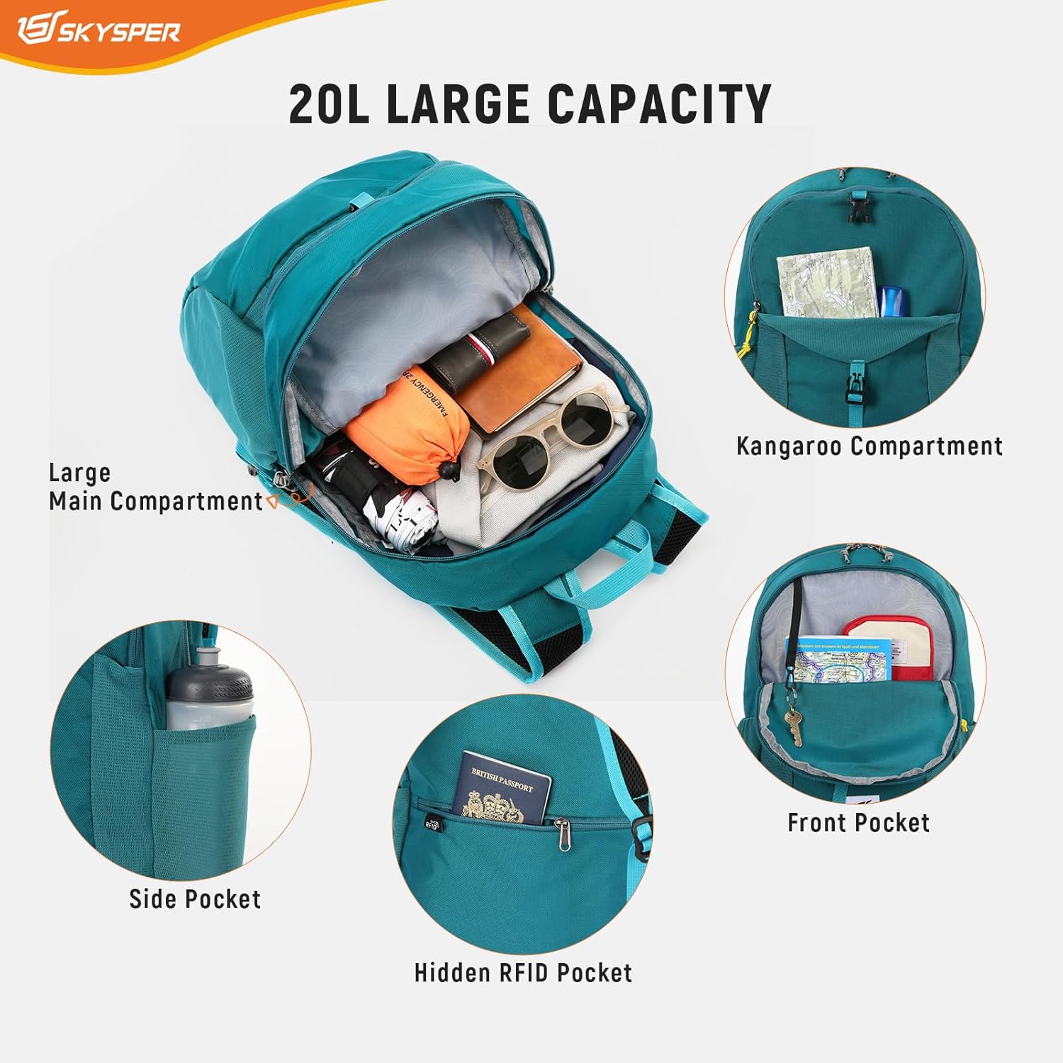 Detalle de SKYSPER 20L lightweight anti-theft RFID foldable travel backpack (packable daypack)