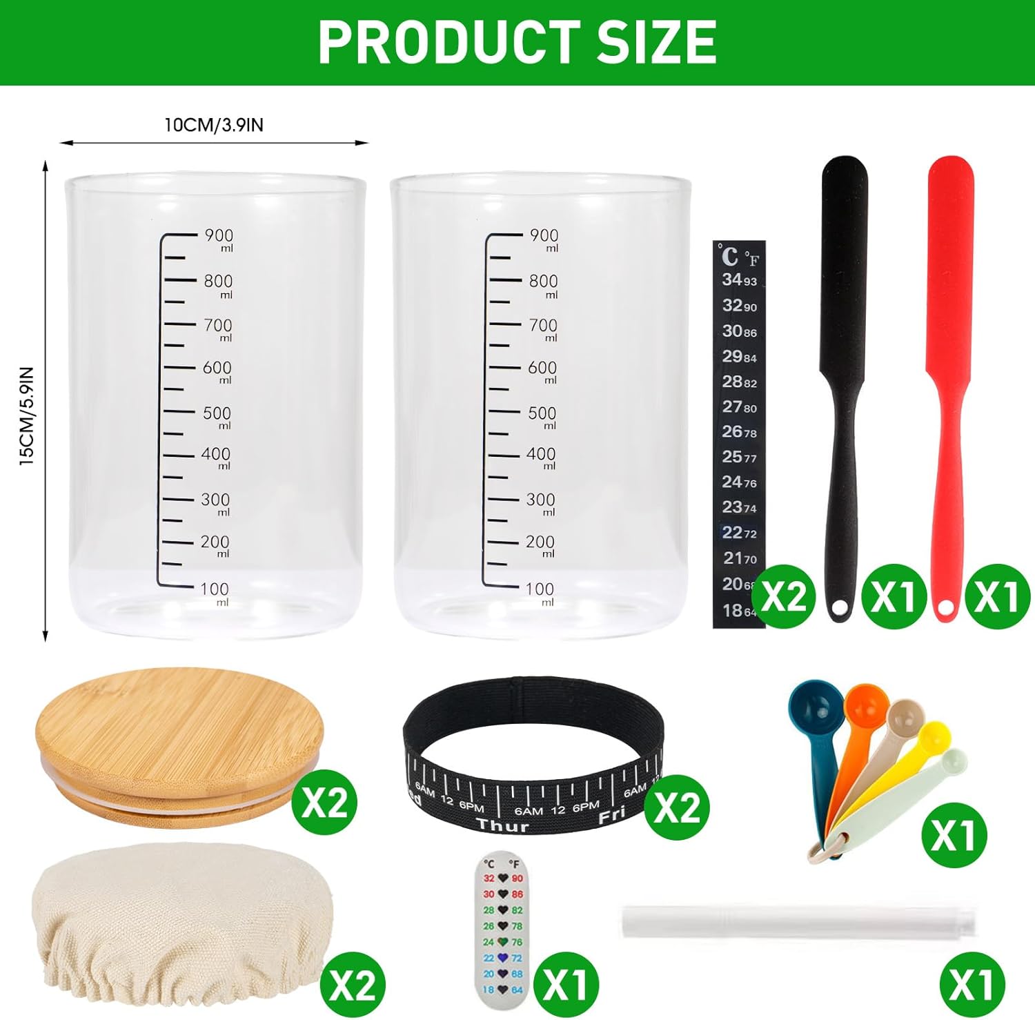 Detalle 2 de 2-Pack 900ml Glass Sourdough Starter Jar Kit with Date Feeding Band, Thermometer & Cloth Cover