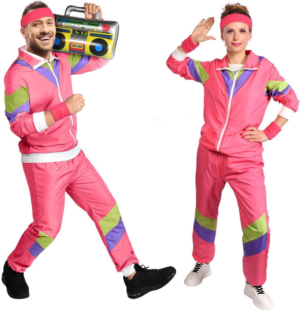 Detalle de Aomig 90er/80er Jahre Kostüm Erwachsene – Retro Trainingsanzug für Damen und Herren, Partner-Outfit, Rosarot (80er Party Bad Taste)
