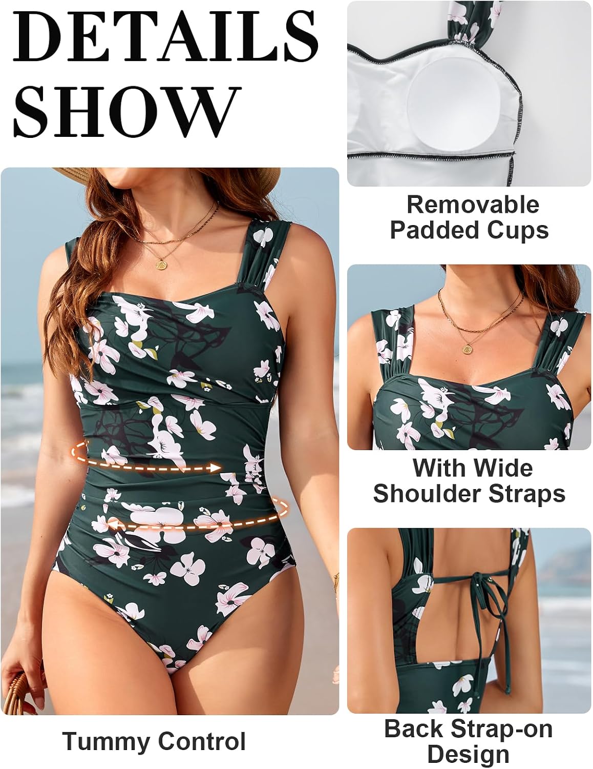 Detalle de UMIPUBO Costume da bagno intero donna modellante con coppe, pieghe addome e bretelle larghe elastiche