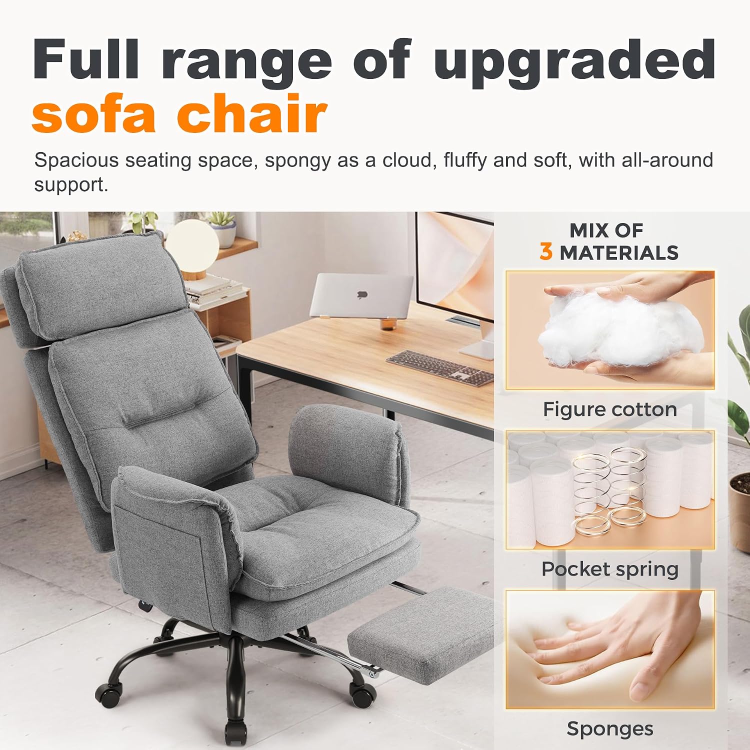 Detalle de IWMH Ergonomischer Bürostuhl XXL 227 kg – Chefsessel mit Fußstütze, Kopfstütze und 135° Neigefunktion (Grau)