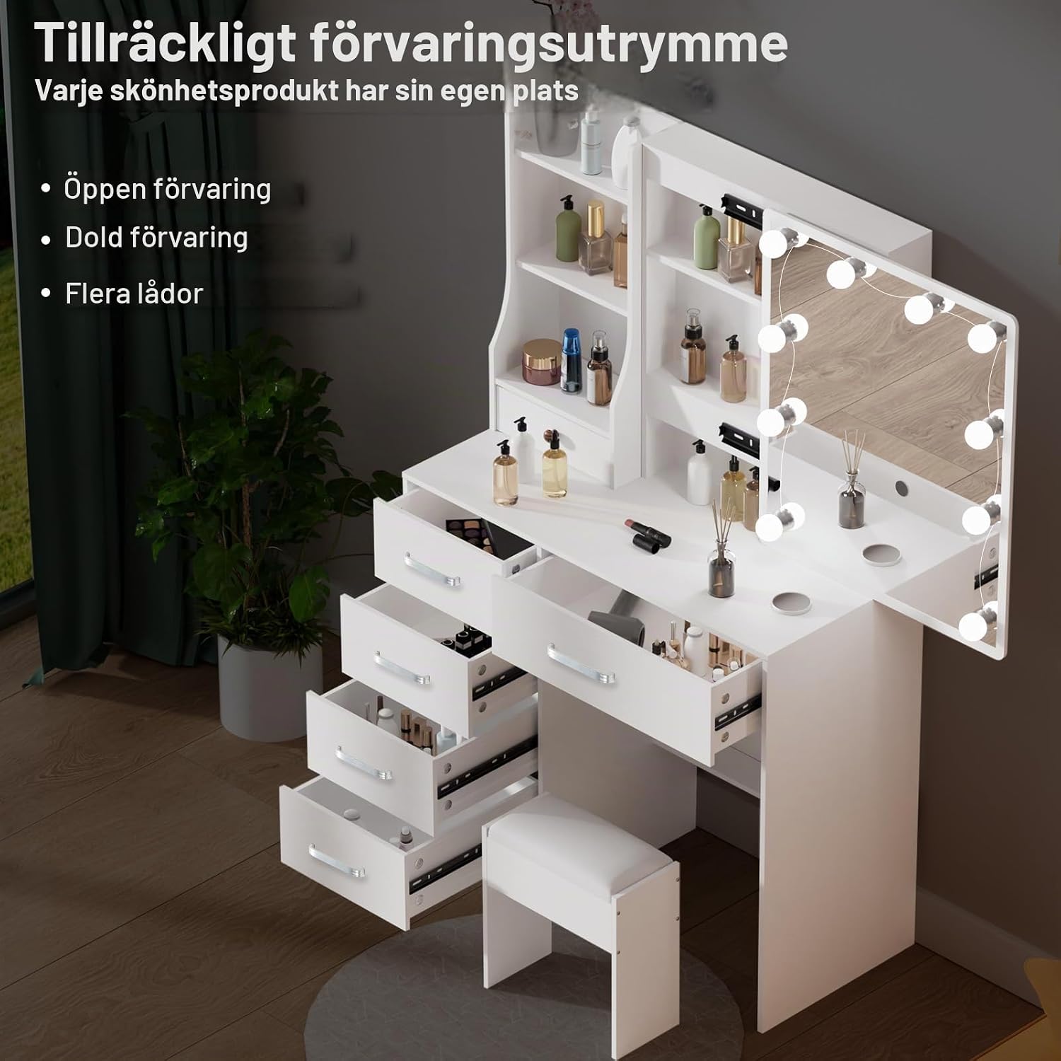 Detalle de Dradaomull AG7 sminkbord med spegel, 10 LED-lampor och 6 lådor