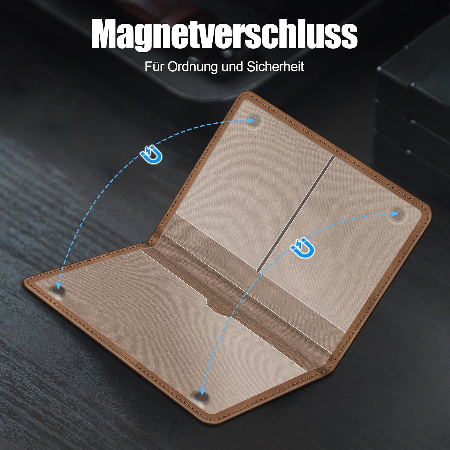 Detalle de FINTIE KFZ Fahrzeugschein Hülle & Versicherungshalter mit Magnetverschluss – Organizer fürs Handschuhfach, Braun