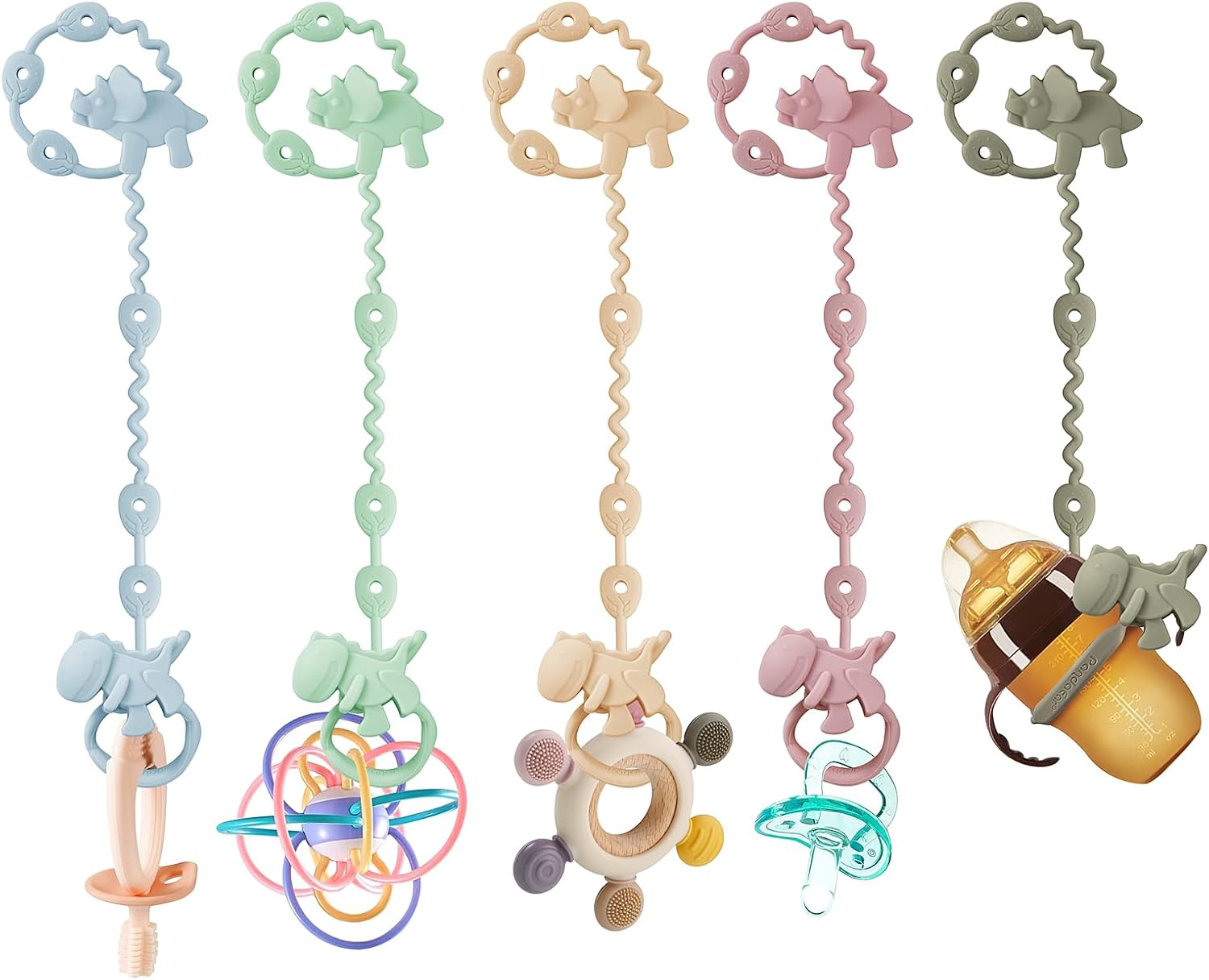 Detalle 2 de PandaEar Silicone Toy Straps (5 Pack) with Dinosaur Clips – Adjustable Dummy Teether & Bottle Holders