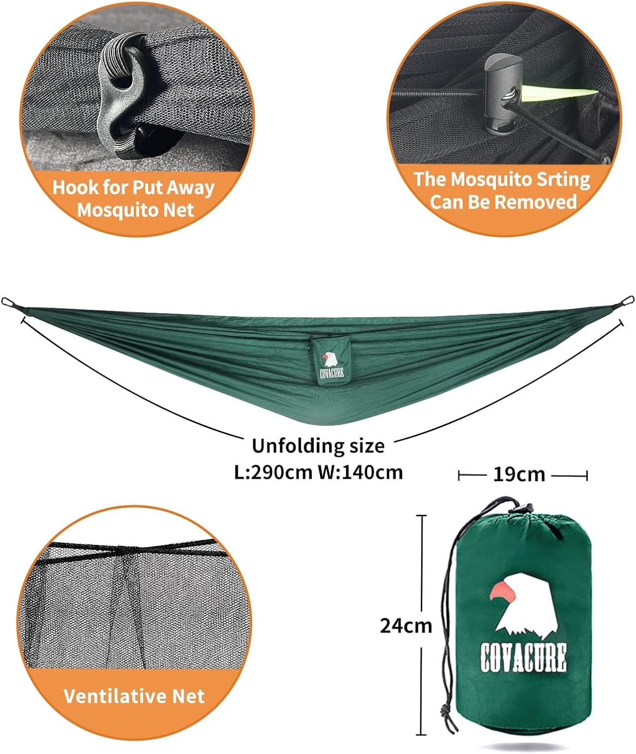 Detalle de COVACURE Hängematte Outdoor mit Moskitonetz – 350 kg Tragfähigkeit, 290 × 140 cm, ultraleicht
