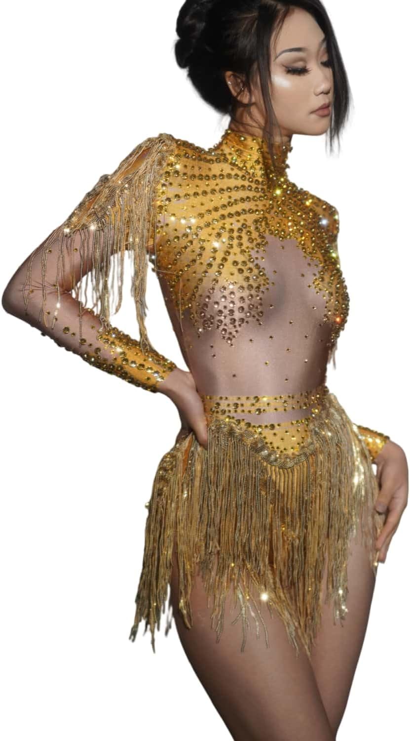 Detalle de LuuMingCM Sparkly Diamonds Sequins Bodysuit – Stylish Stage Wear for Women