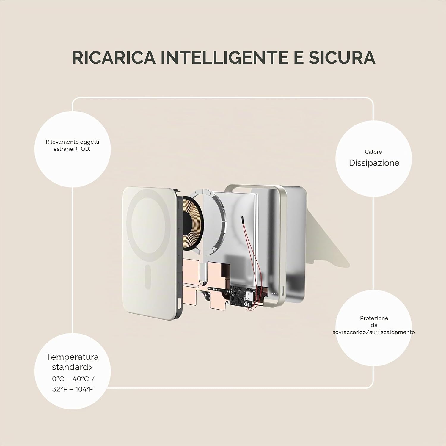 Detalle de SATECHI OntheGo Power Bank MagSafe 5000mAh – Batteria Esterna Qi2 con Supporto Integrato, Ricarica 15W (Beige)