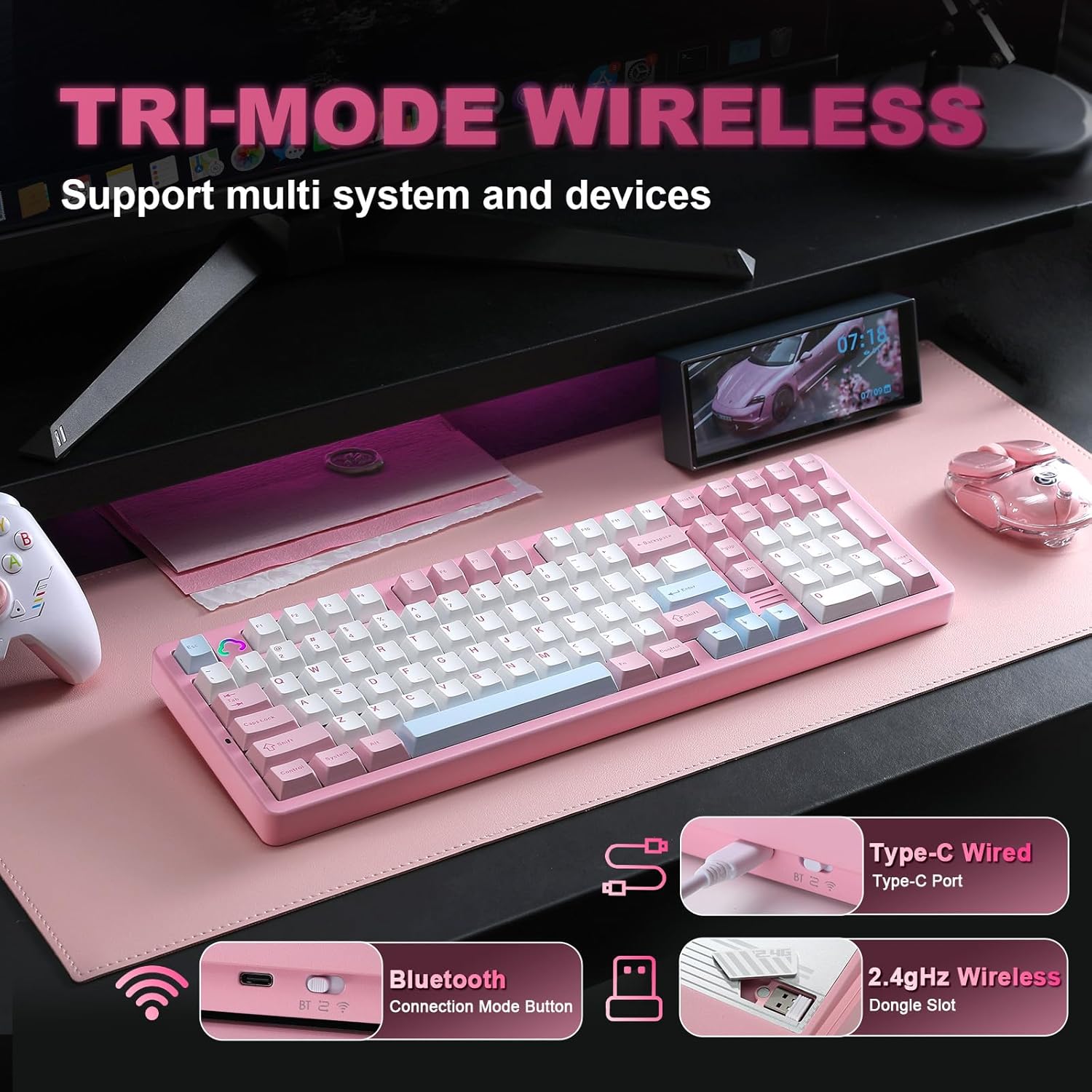 Thumbnail 2 de YUNZII AL98 QMK/VIA Kabellose Mechanische Gaming-Tastatur – 1800-Layout, Aluminium, Hot-Swap, RGB, Rosa (Milk V2 Linear)