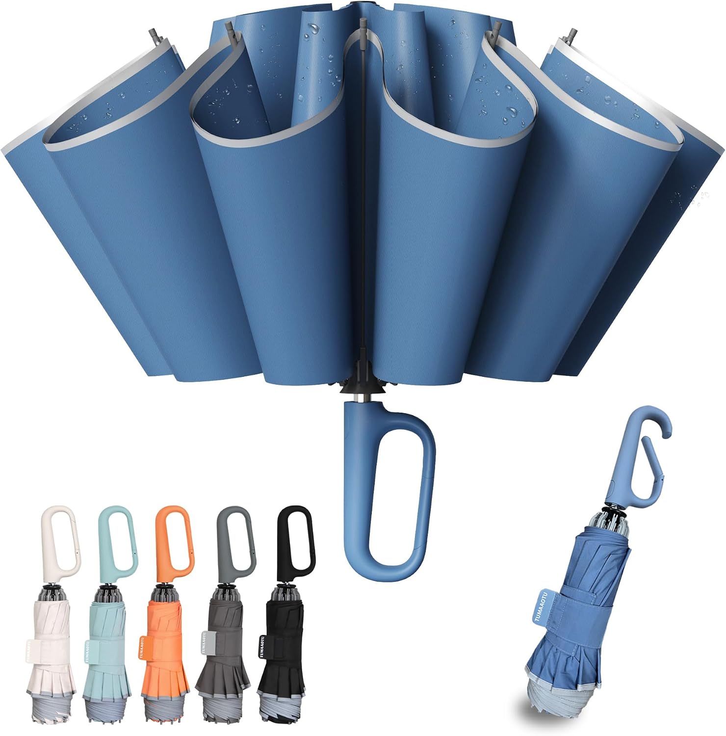 Detalle de TUMAAOTU Compact Inverted Umbrella with Never Forget Carabiner Handle – windproof travel auto open/close