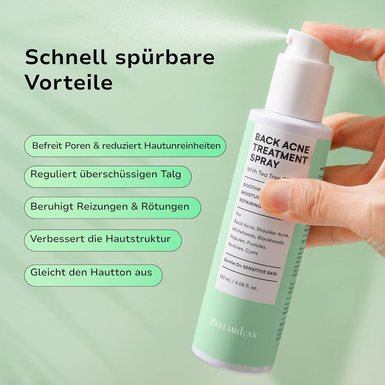Thumbnail 2 de BellamiLuxx Rücken- & Körper Akne Spray mit 2% Salicylsäure & Teebaumöl – Aknespray für Rücken, Brust & Schultern