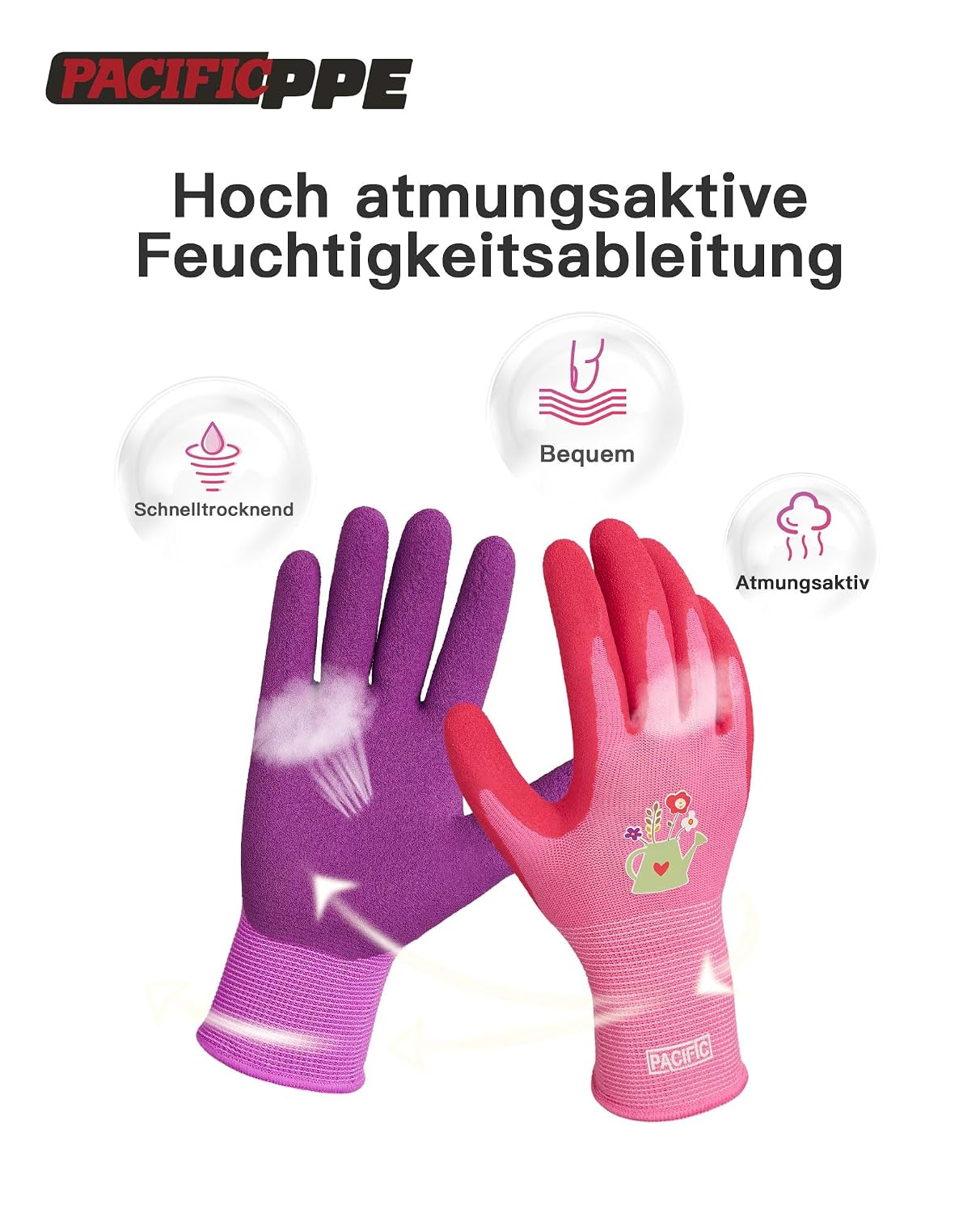 Detalle de PACIFIC 3 Paar Gartenhandschuhe für Damen (Lila/Gelb/Rot), Größe 7/S – rutschfeste Ultra-Grip Arbeitshandschuhe