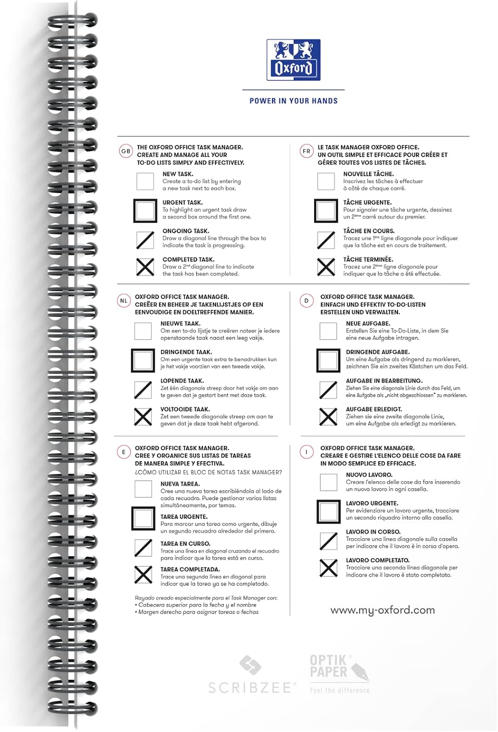 Detalle de Oxford Task Manager: To-Do-Listen-Notizbuch mit Spiralbindung, blau, 460 Seiten