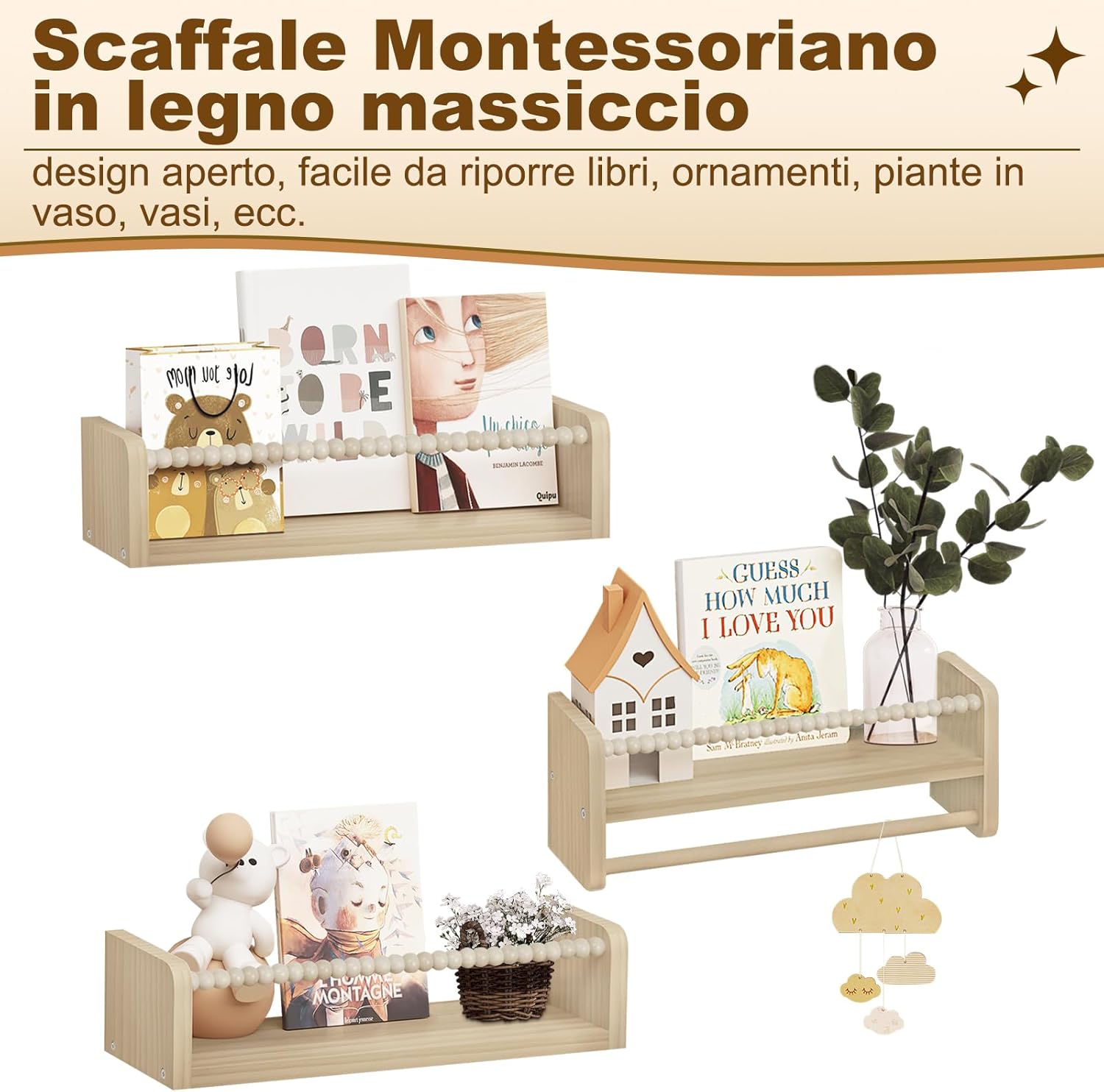 Thumbnail 4 de WOLTU librerie per bambini da parete in legno massello: set di 3 mensole 40 cm