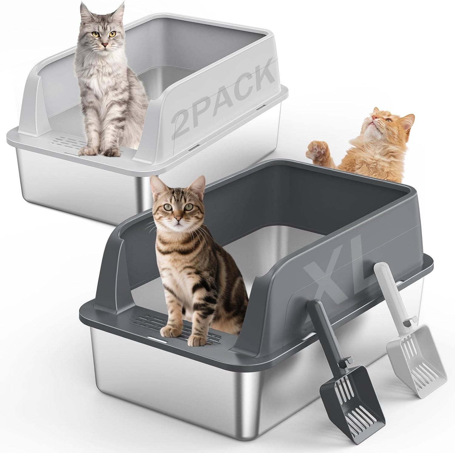 Detalle de MIXJOY PTSP0254-DG XL Stainless Steel Cat Litter Boxes, 2-Pack, High Sides