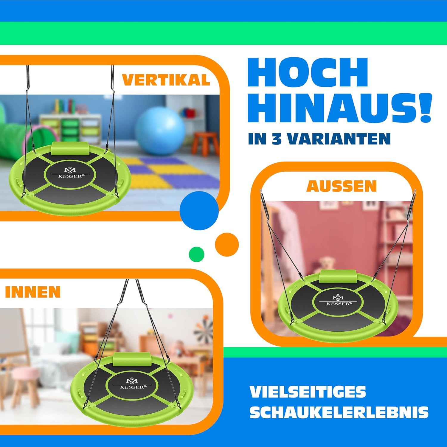 Detalle de KESSER Nestschaukel Tellerschaukel Ø 120 cm – grün, 300 kg belastbar, mit Kissen & 4 Griffen