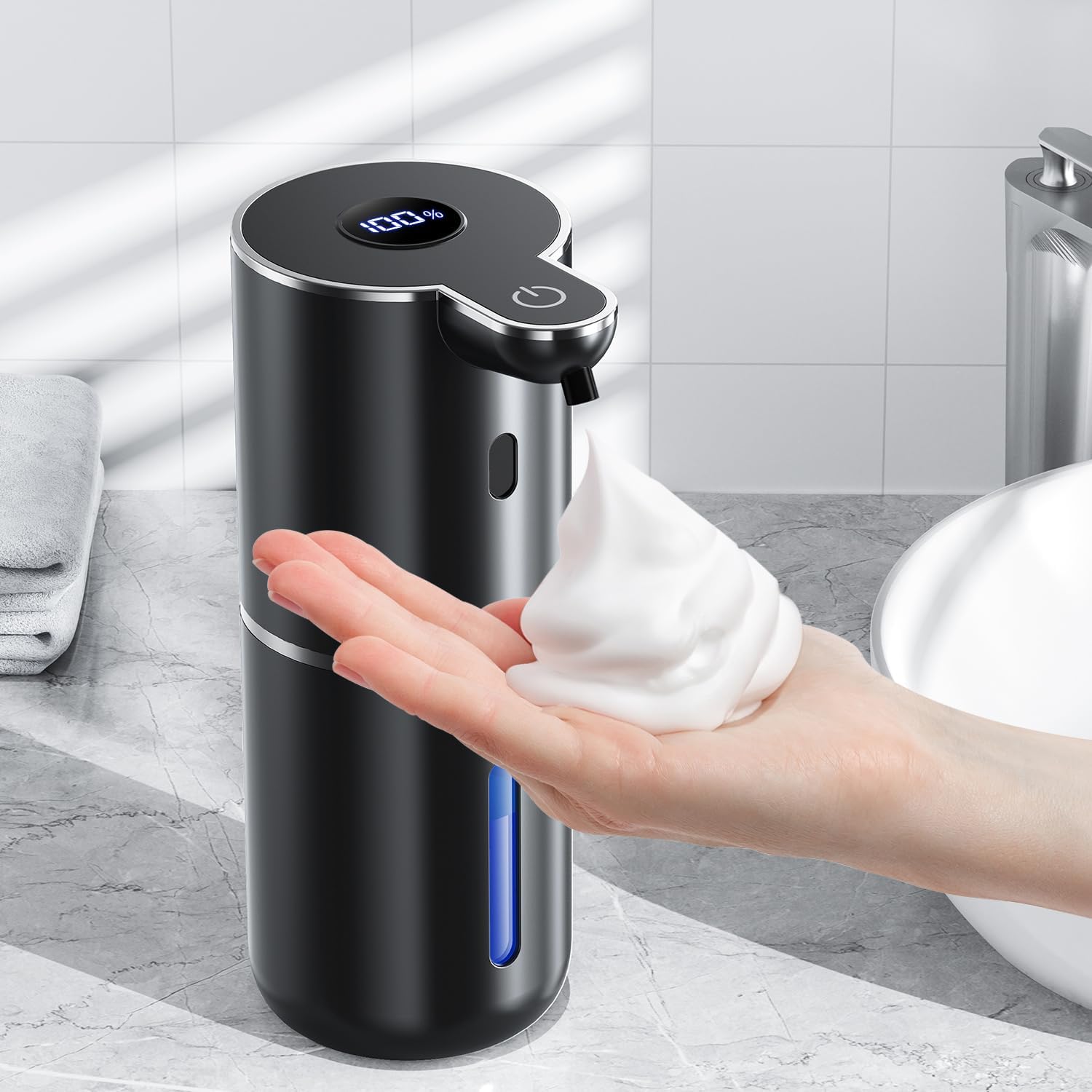 Detalle de Seifenspender Automatisch mit digitaler Anzeige, 380 ml – Berührungslos, IPX5, USB wiederaufladbar