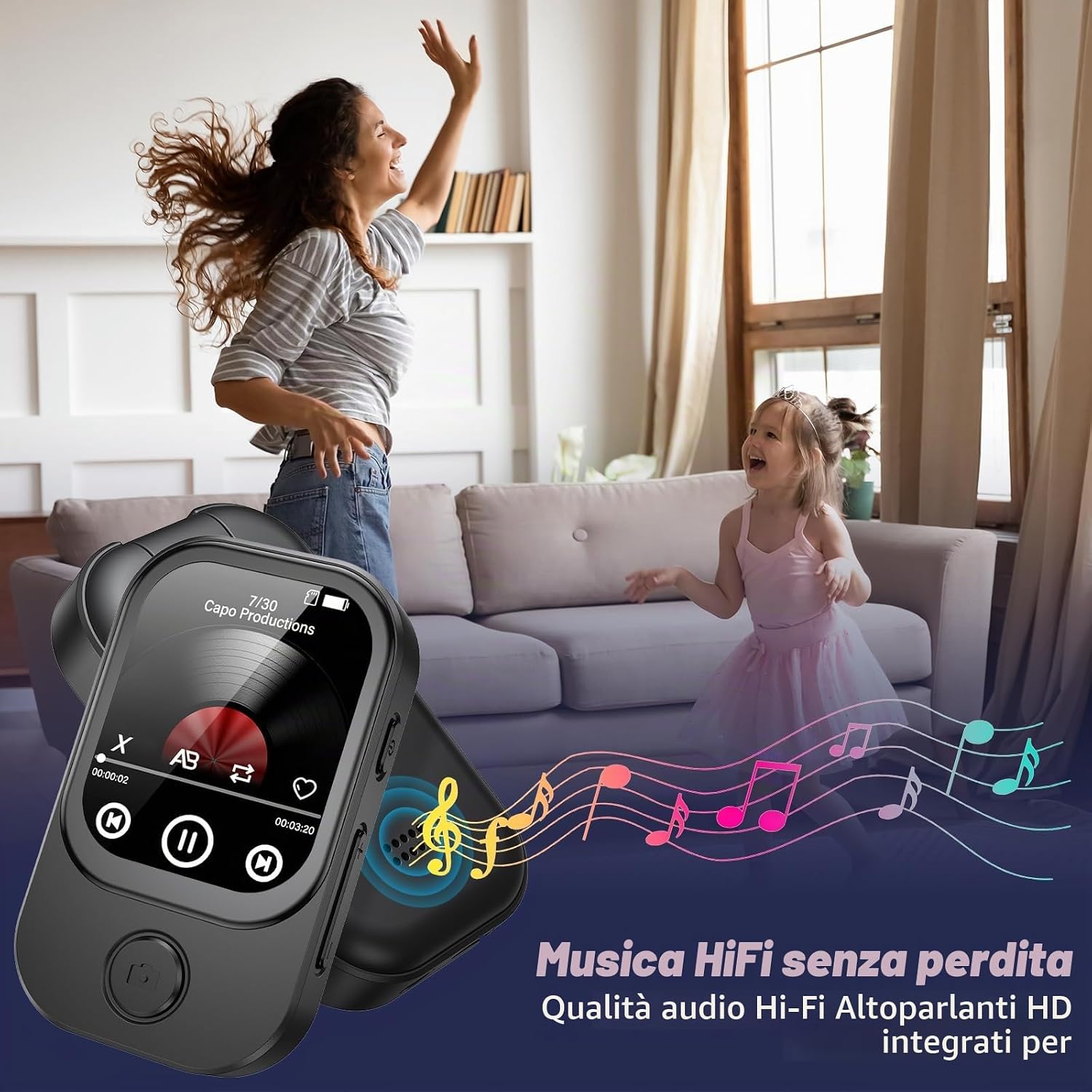 Detalle de 64GB Lettore MP3 Bluetooth 5.4 con fotocamera apribile a 180° — HD, FM e pedometro