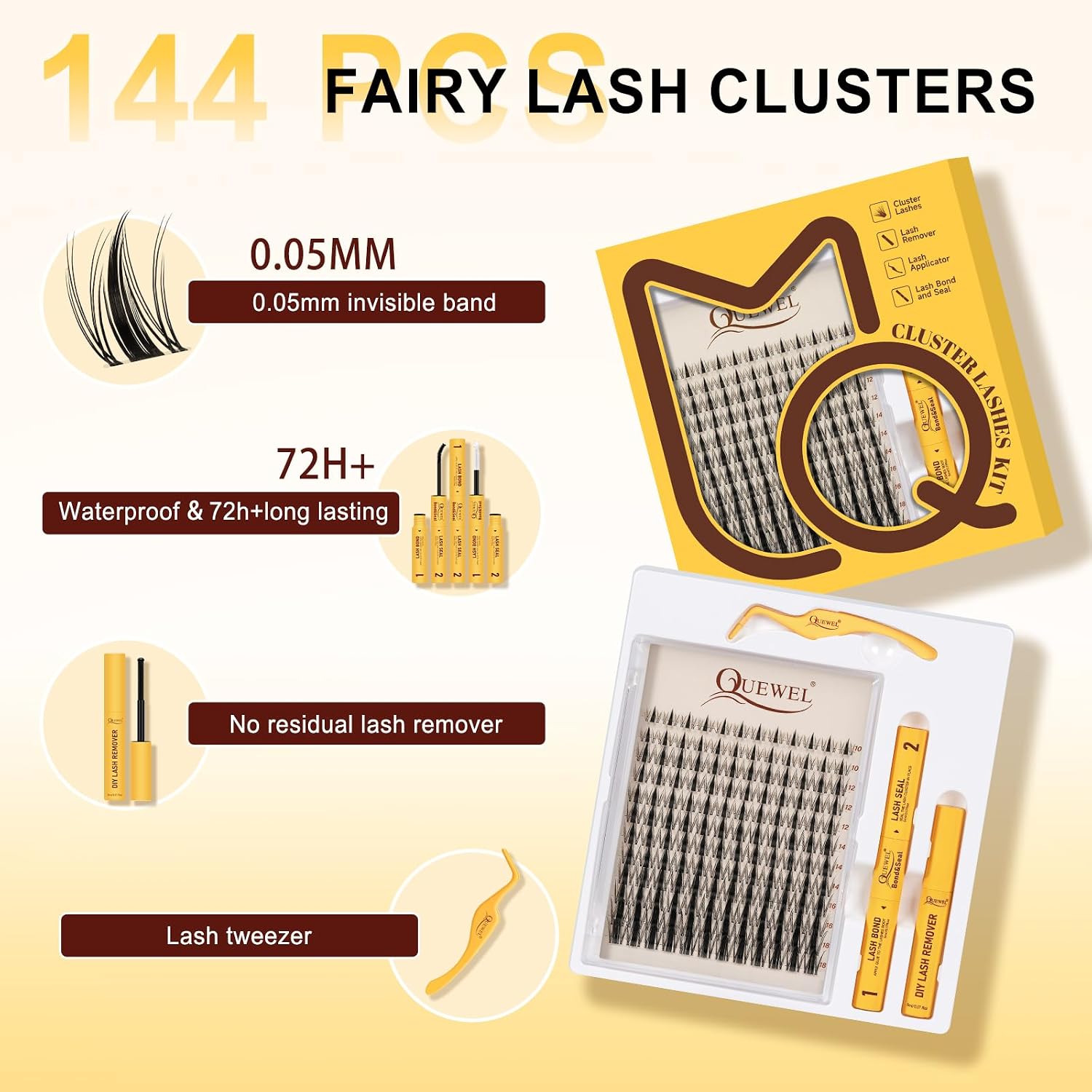 Thumbnail 4 de QUEWEL Manga-Lashes Cluster-Lashes Set (144 Stück) DIY mit Kleber, Pinzette und Entferner – 10 bis 18 mm