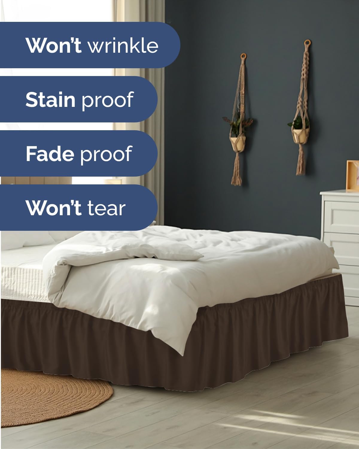 Detalle de Wrap Around Dust Ruffle Bed Skirt - Brown for Full Size Beds (18 Inch Drop) with Elastic Wrap