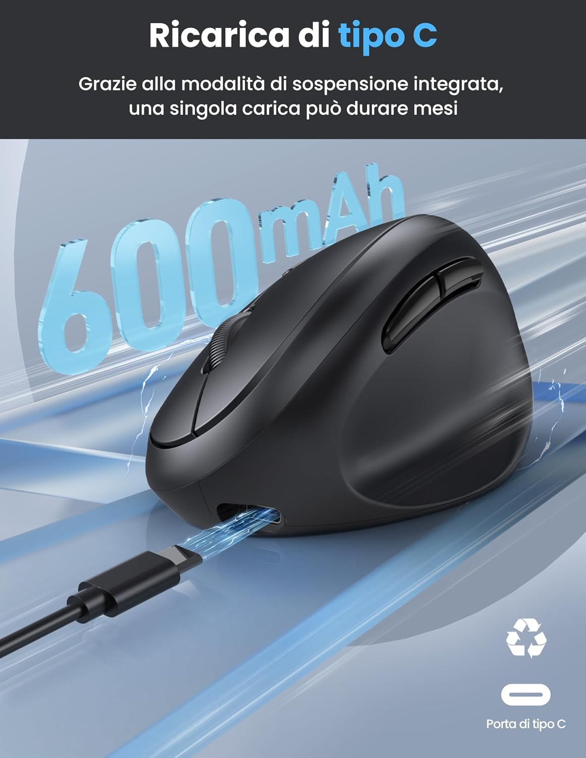 Thumbnail 4 de TECKNET Mouse Verticale Ergonomico Bluetooth 5.0/3.0 + 2.4G, DPI 4800, Silenzioso, 6 Bottoni, Nero