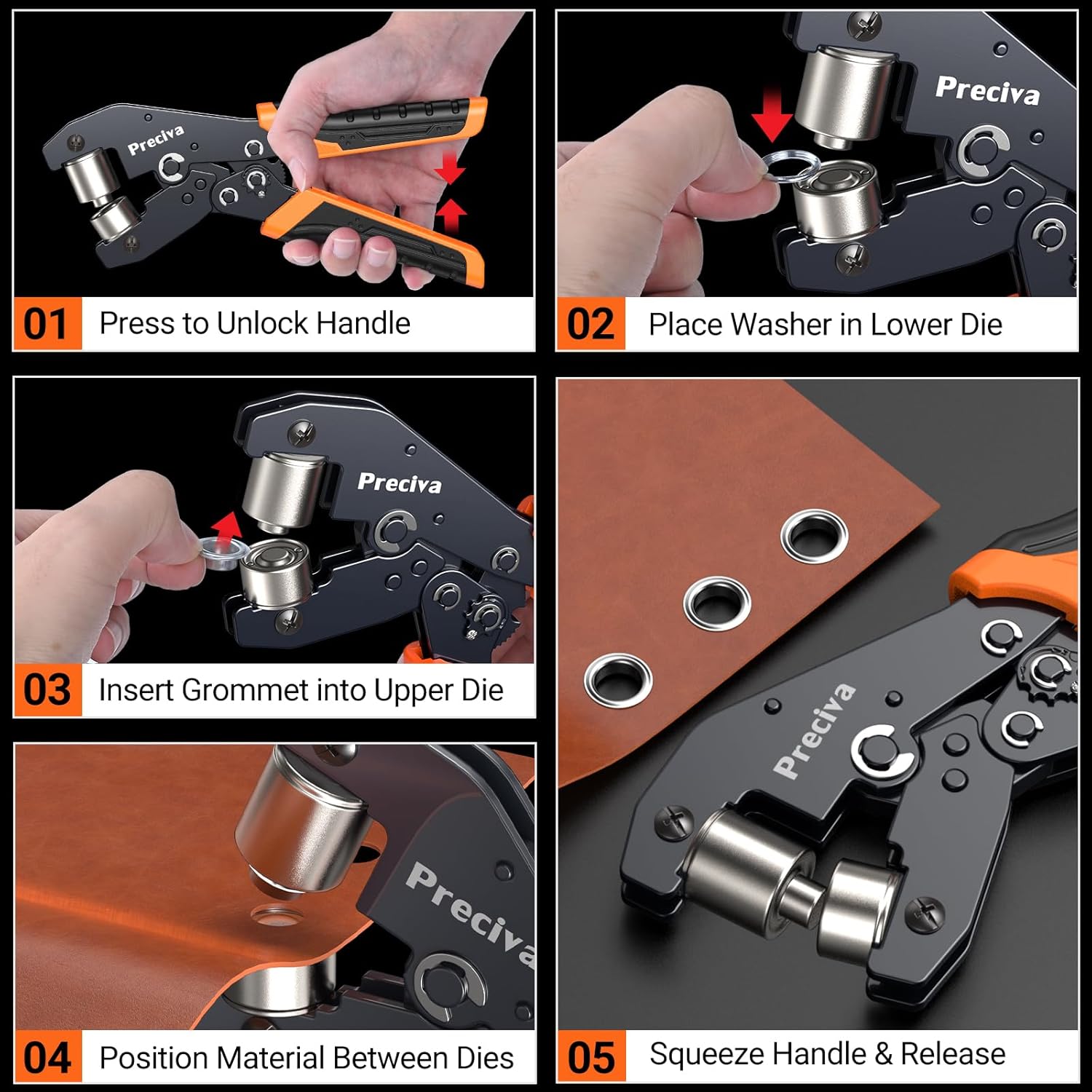 Detalle de Preciva Eyelet Punch Kit 10mm Grommet Tool Set with Ratchet – 300 Eyelets, 10mm Punch, Case