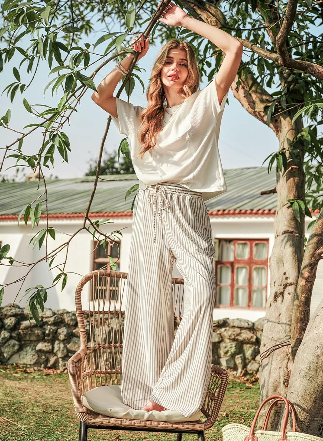 Thumbnail 4 de Acelitt Women Casual Drawstring Elastic Waist Striped Wide-Leg Pants with Pockets (S–XXL)