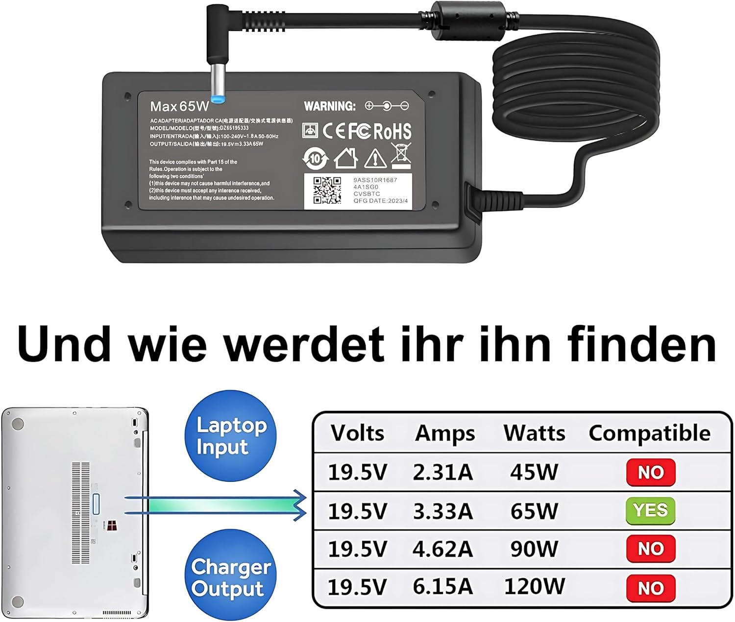 Detalle de HP Laptop Ladekabel 65W/45W (19,5V) mit blauem Anschluss – kompatibel mit Pavilion x360, ProBook, EliteBook & mehr