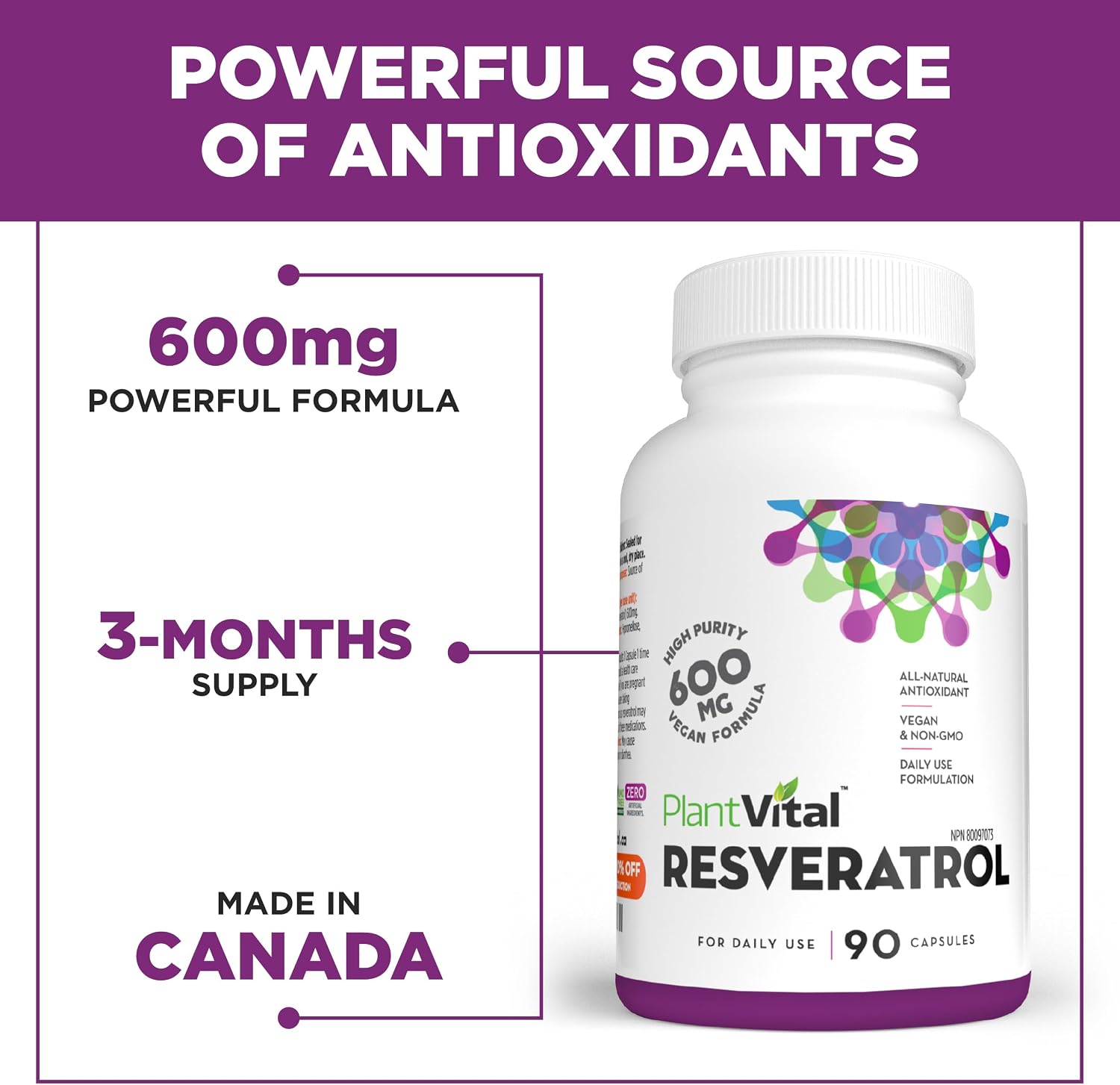 Detalle de PlantVital Resveratrol 600 mg Vegan Capsules, Made in Canada, 90 Count
