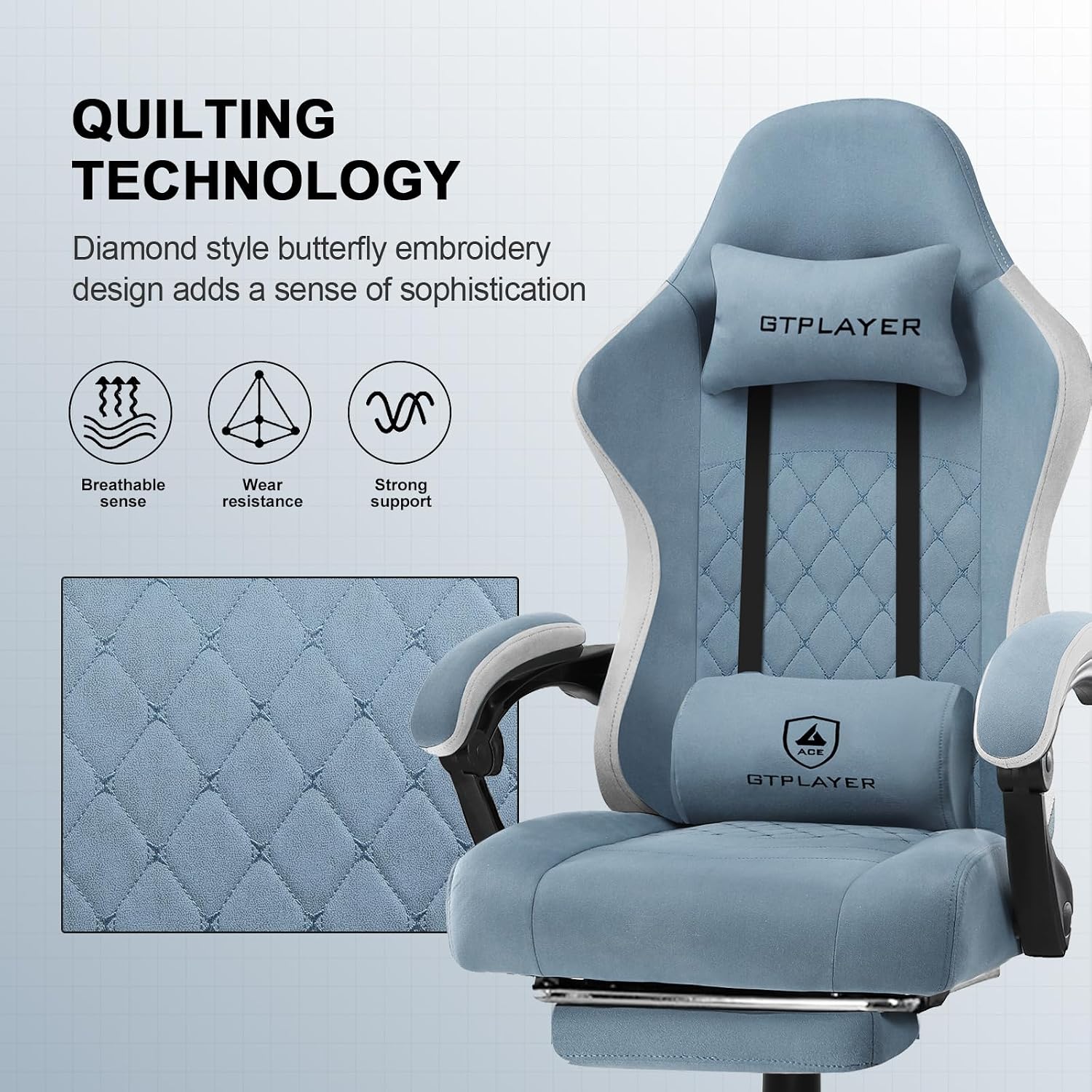 Detalle 2 de GTPLAYER LR002-XIN-25 Gaming Chair, Light Blue Fabric, Footrest and High Back