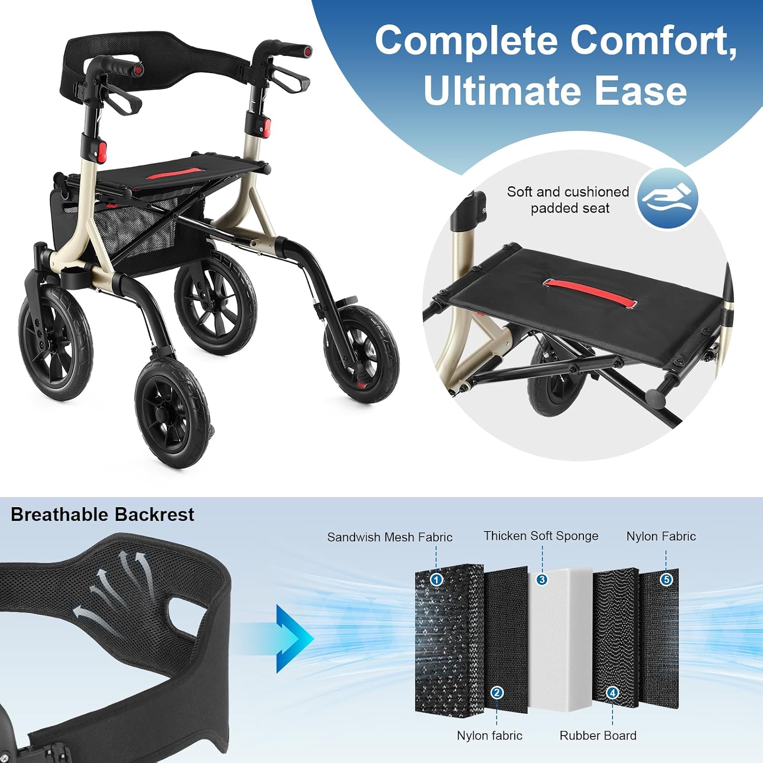 Detalle de MAXWALK RL-A42093W12 Rollator Walker with Seat, 12-Inch Wheels, Gold