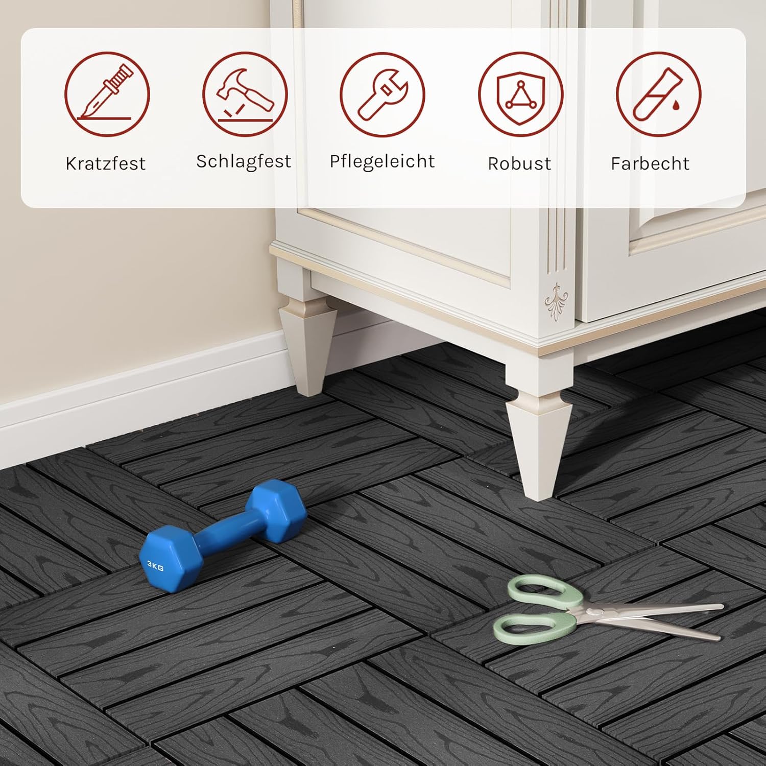 Thumbnail 4 de WOLTU WPC Terrassenfliesen Holzoptik mit Klicksystem (30×30 cm) Anthrazit – Set mit 11 Stück für 1 m²