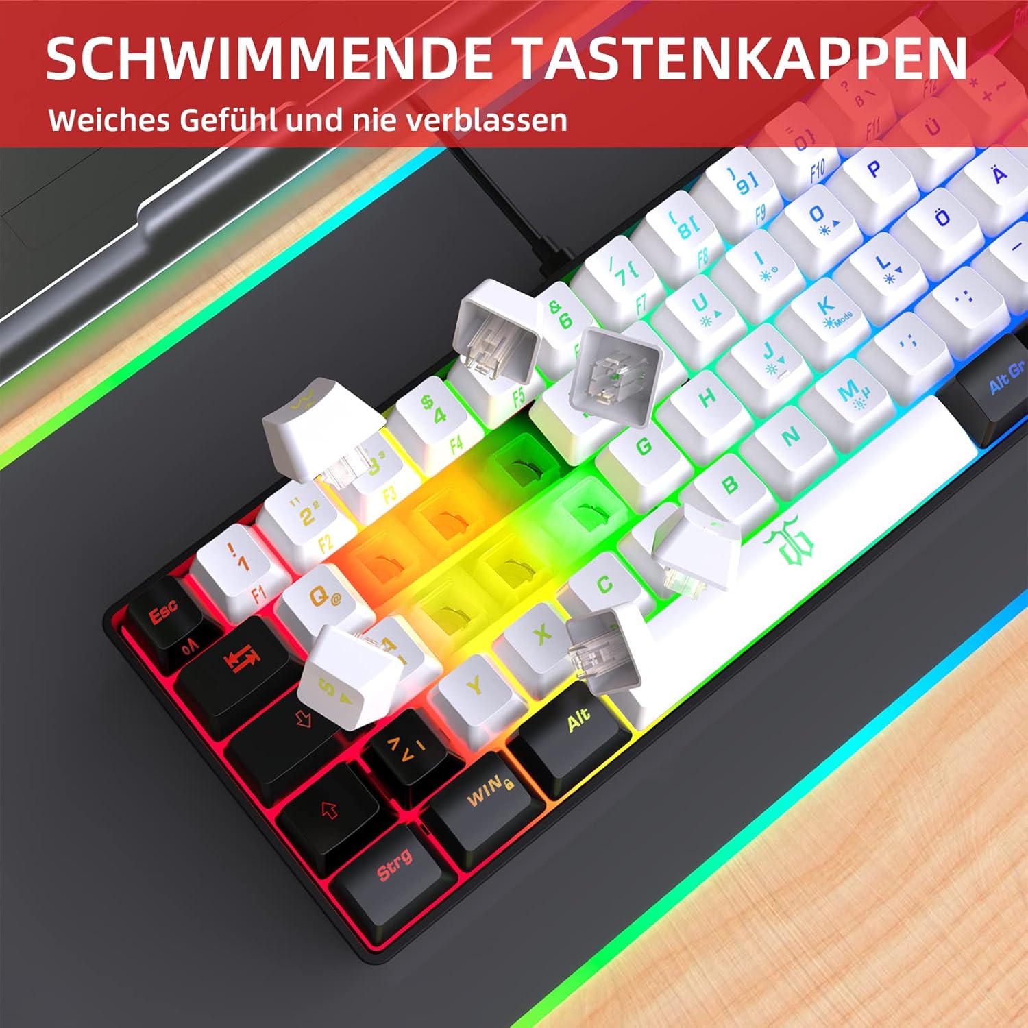 Thumbnail 3 de Snpurdiri 60% Percent Gaming-Tastatur (schwarz/weiß, deutsches Alphabet, ohne Ziffernblock)
