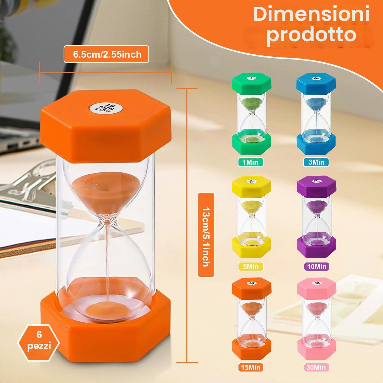 Detalle 2 de 6 Clessidre Colorate per Bambini – Set Timers da 1 a 30 minuti (Italiano), Clessidre Didascaliche per Cucina, Studio e Giochi